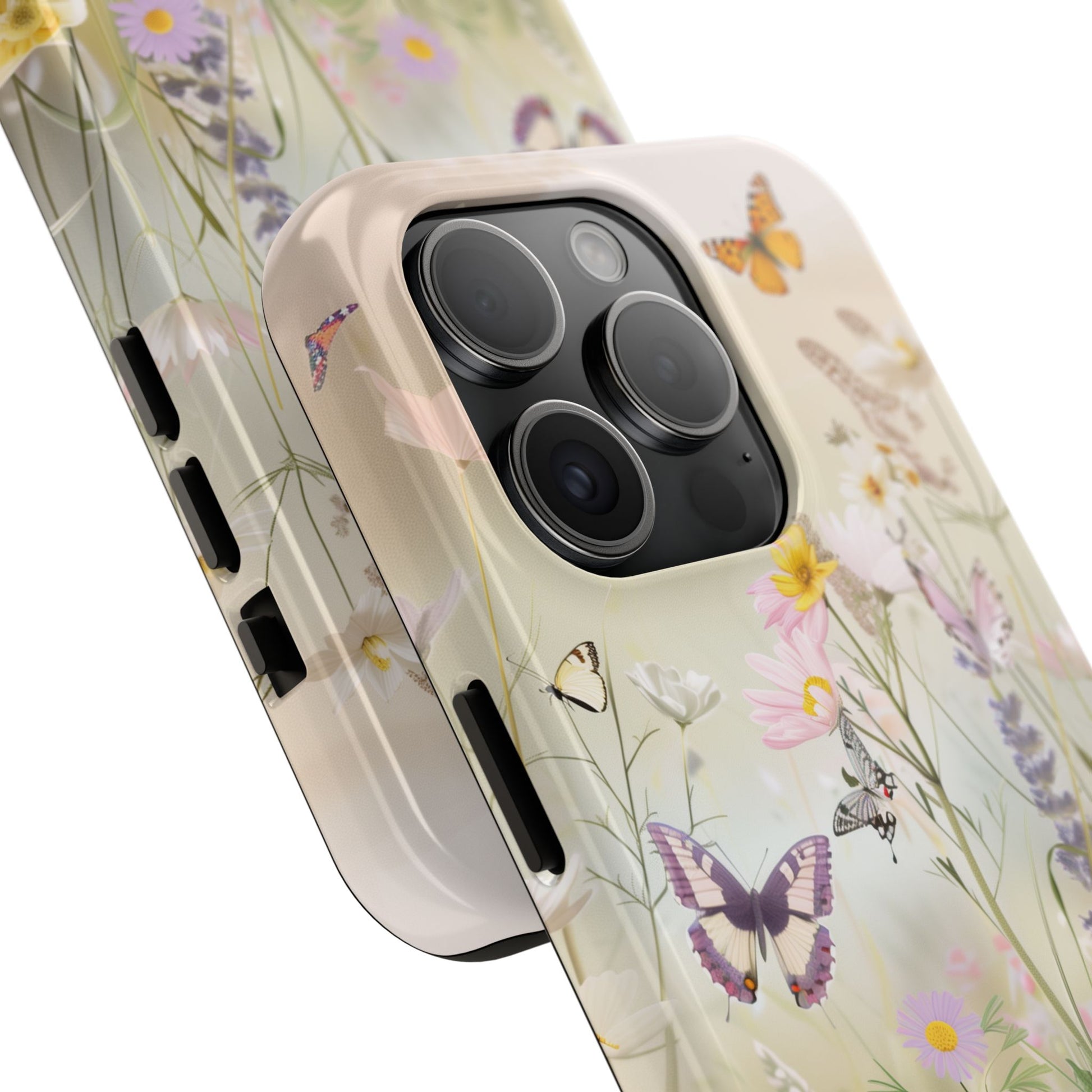 Butterfly Meadow Scene Cottagecore iPhone 15, Pastel Wildflowers & Butterflies, Natural iPhone Case, Cottagecore Garden Case, iPhone 14