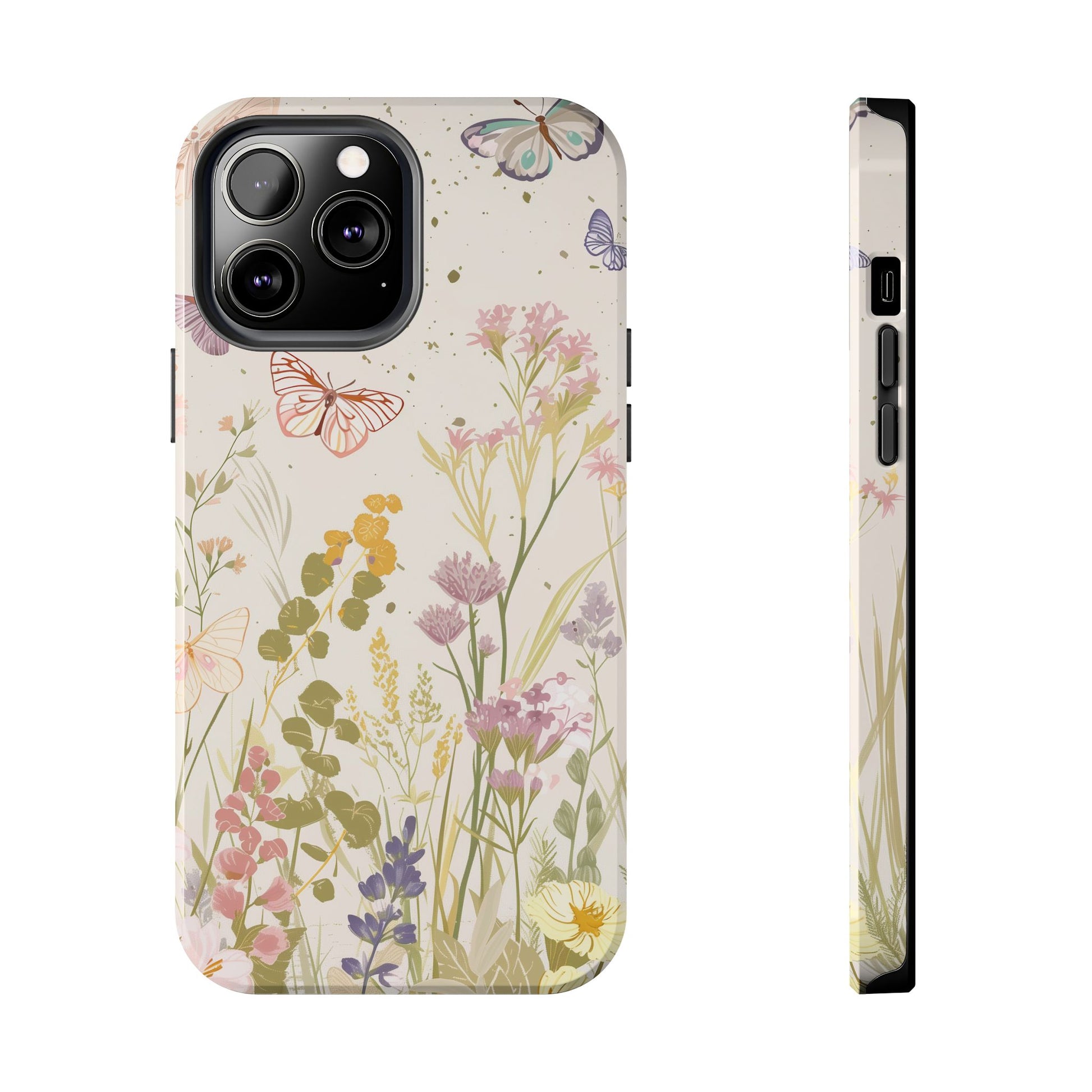 Butterfly Meadow Scene Cottagecore iPhone 15, Pastel Wildflowers & Butterflies, Natural iPhone Case, Cottagecore Garden Case, iPhone 14