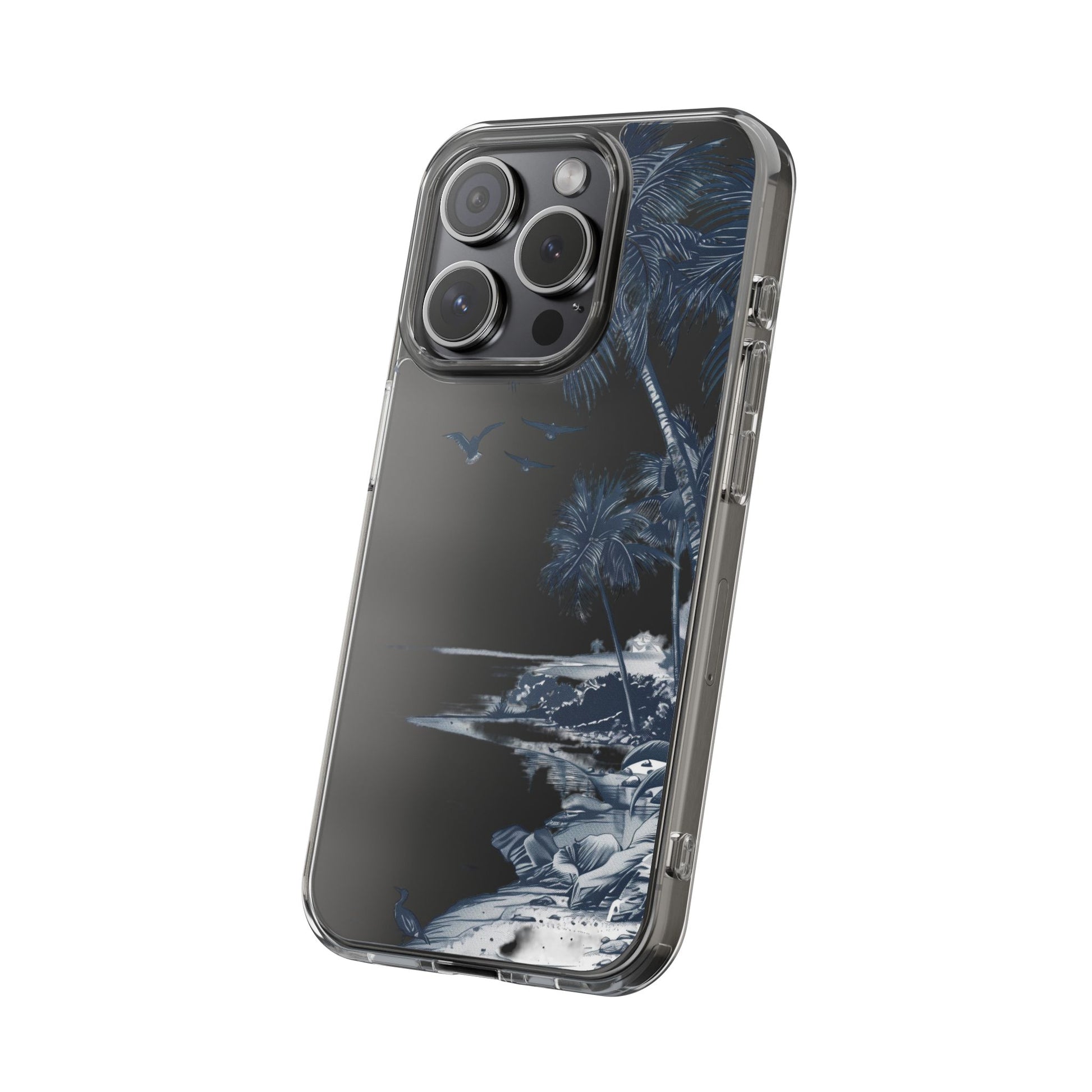 Hand-Drawn Art Beach Scene Clear Phone Case Tropical Palm Trees Surfing iPhone 13 14 15 16 Pro Max Galaxy S23