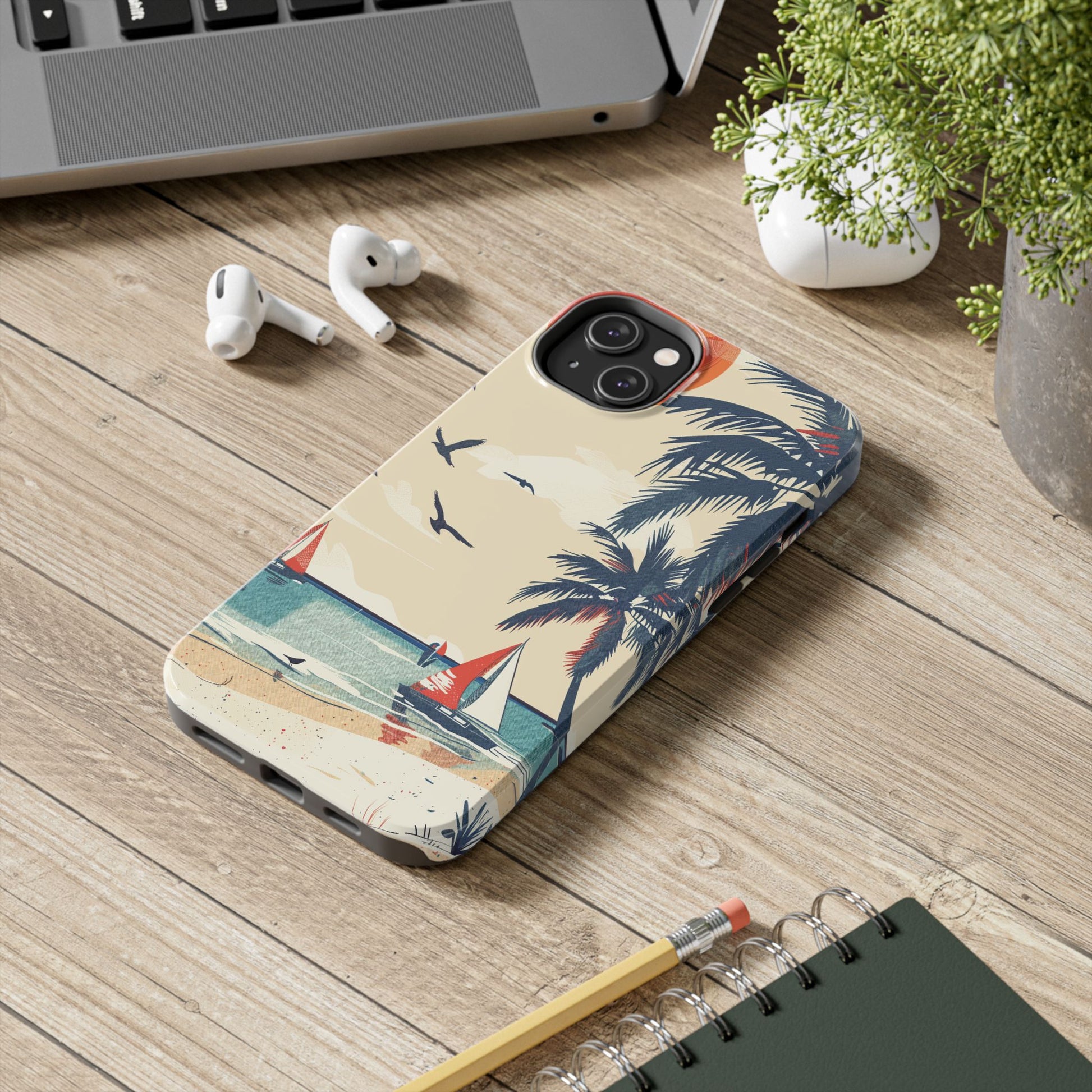 Retro Beach Scene Phone Case, Vintage Tropical Ocean iPhone Case, Summer Beach Phone Cover for iPhone, iphone 15 pro max