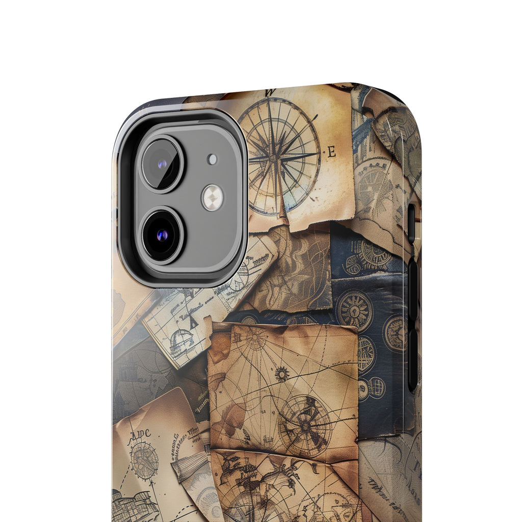 Double Layer Adventure Phone Case - Protective Phone Case Vintage Map and Compass Design - Dual Layer Case with Map Print