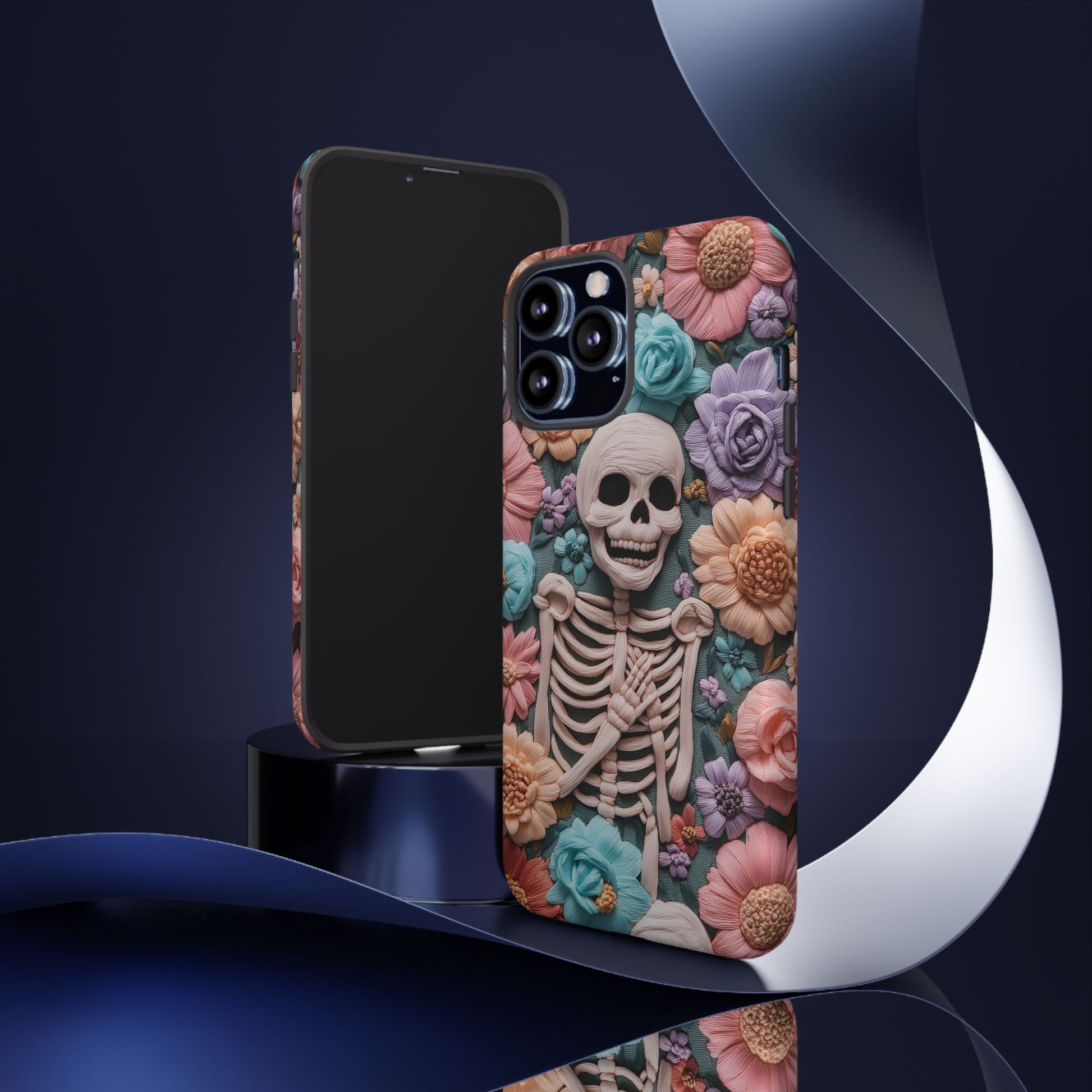 Embroidered Skeleton Gothic Cottagecore Halloween Phone Case 3D Look Flowers Pastel Custom 13 14 15 16 Pro Max Plus Galaxy Pixel