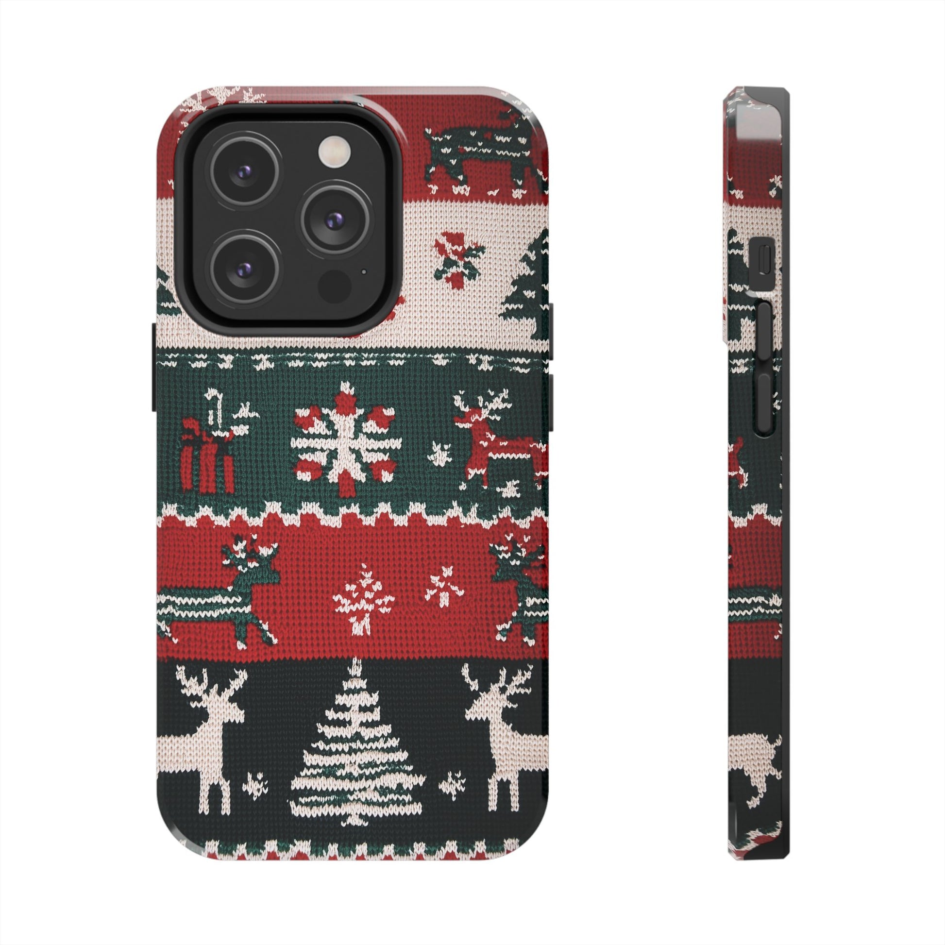 Ugly Christmas Sweater Phone Case Festive 3D Knit Textured Red White Green Holiday Knit Design Tree Reindeer iPhone 13 14 15 16 Pro Max
