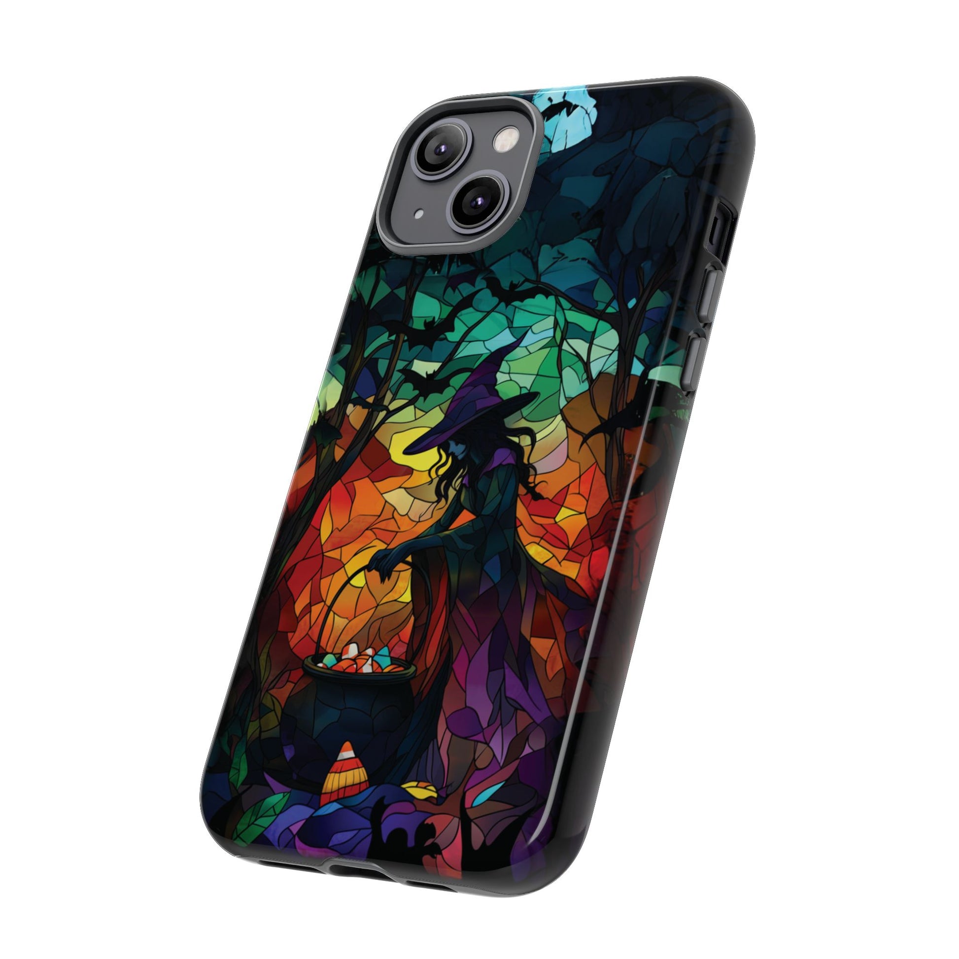 Halloween Witch Stained Glass Dark Academia Spooky Fall Witchy Pumpkin Bats Seasonal Fall Mosaic Case iPhone 13 14 15 16 Pro Max