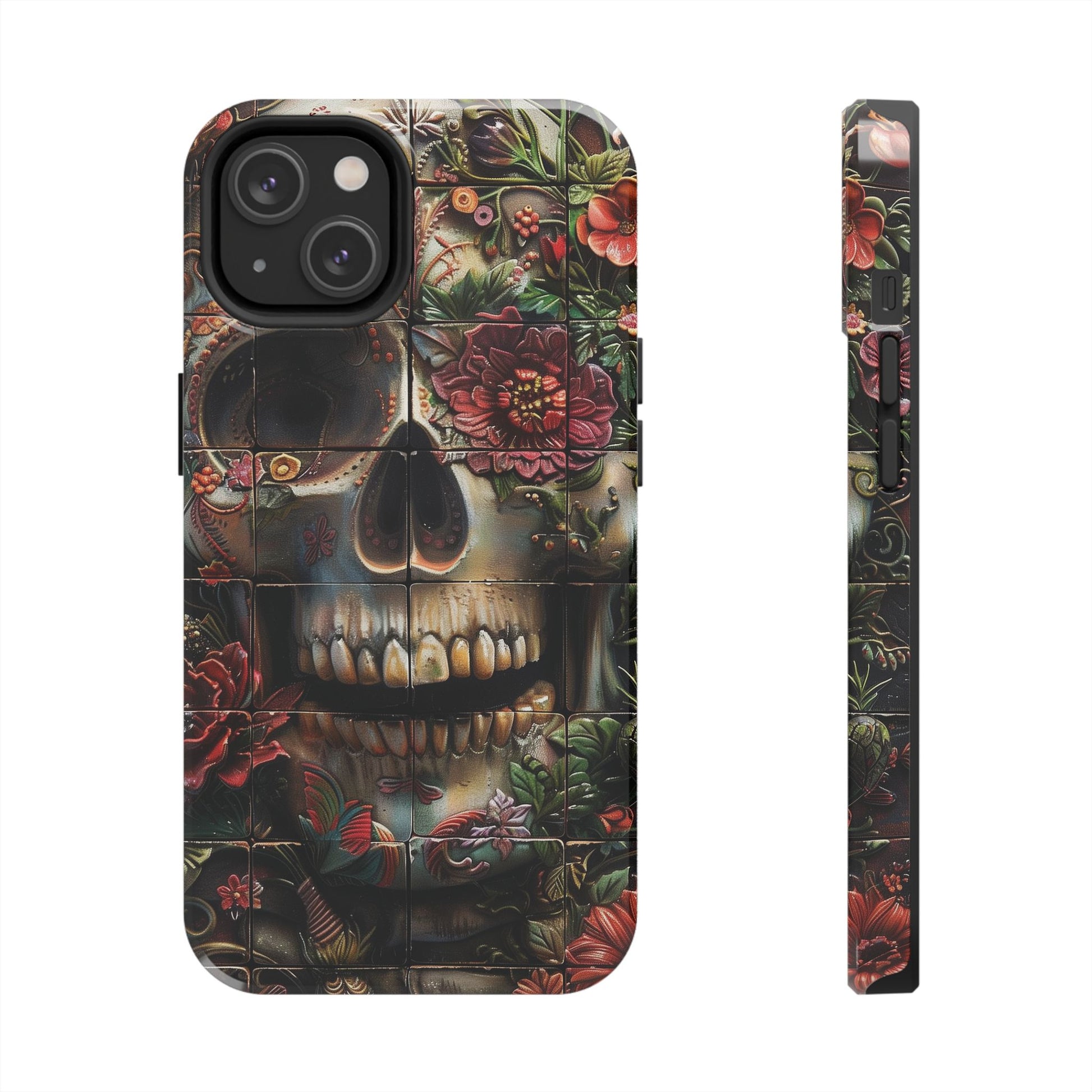 Sugar Skull Phone Case Flowers and Skeletons, Halloween Cottagecore Day of the Dead, Dia de Los Muertos Gothic, iPhone 15 Spooky Case