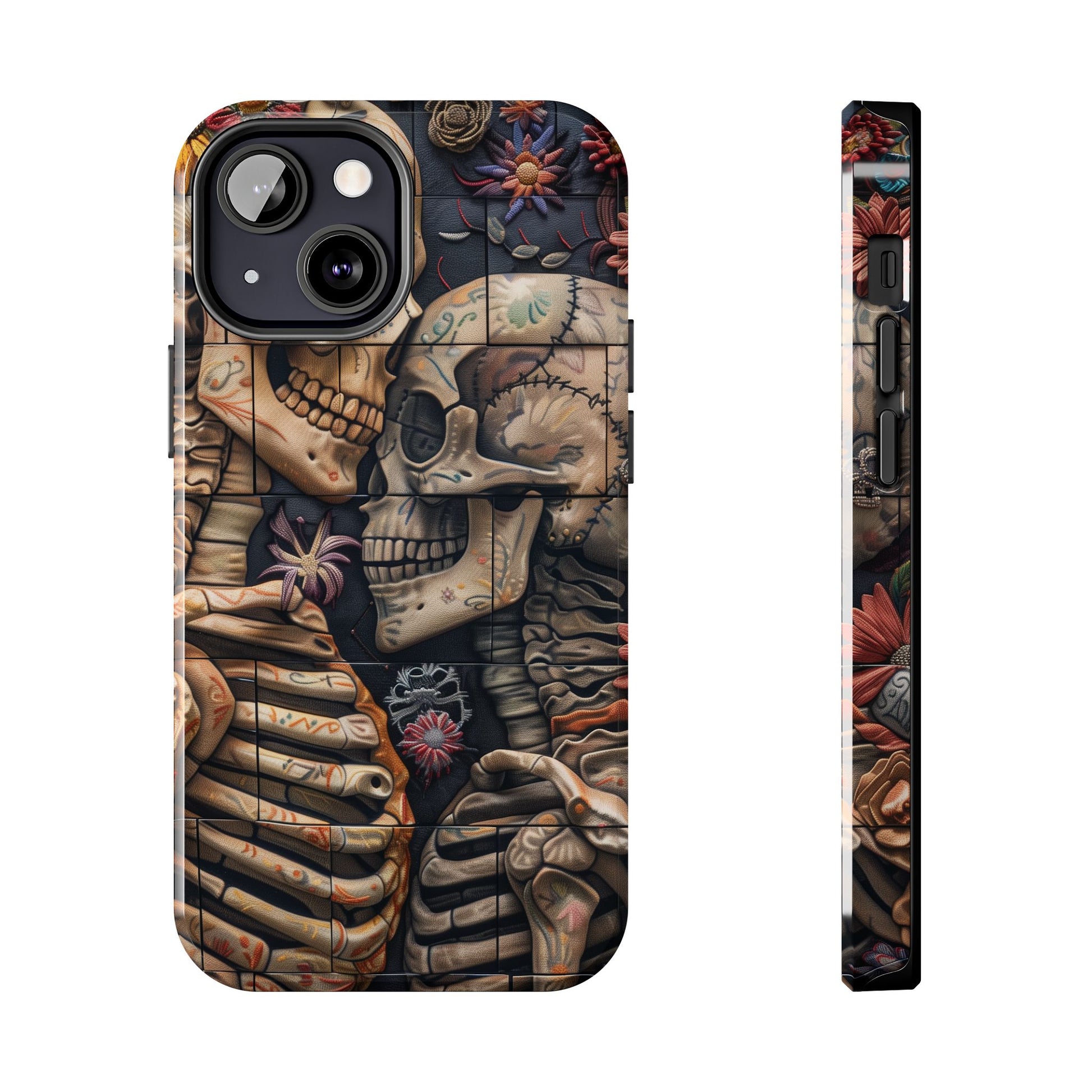 Embroidered Skeletons Phone Case, Flowers and Skulls, Halloween Cottagecore Day of the Dead, iPhone Dia de Los Muertos Gothic