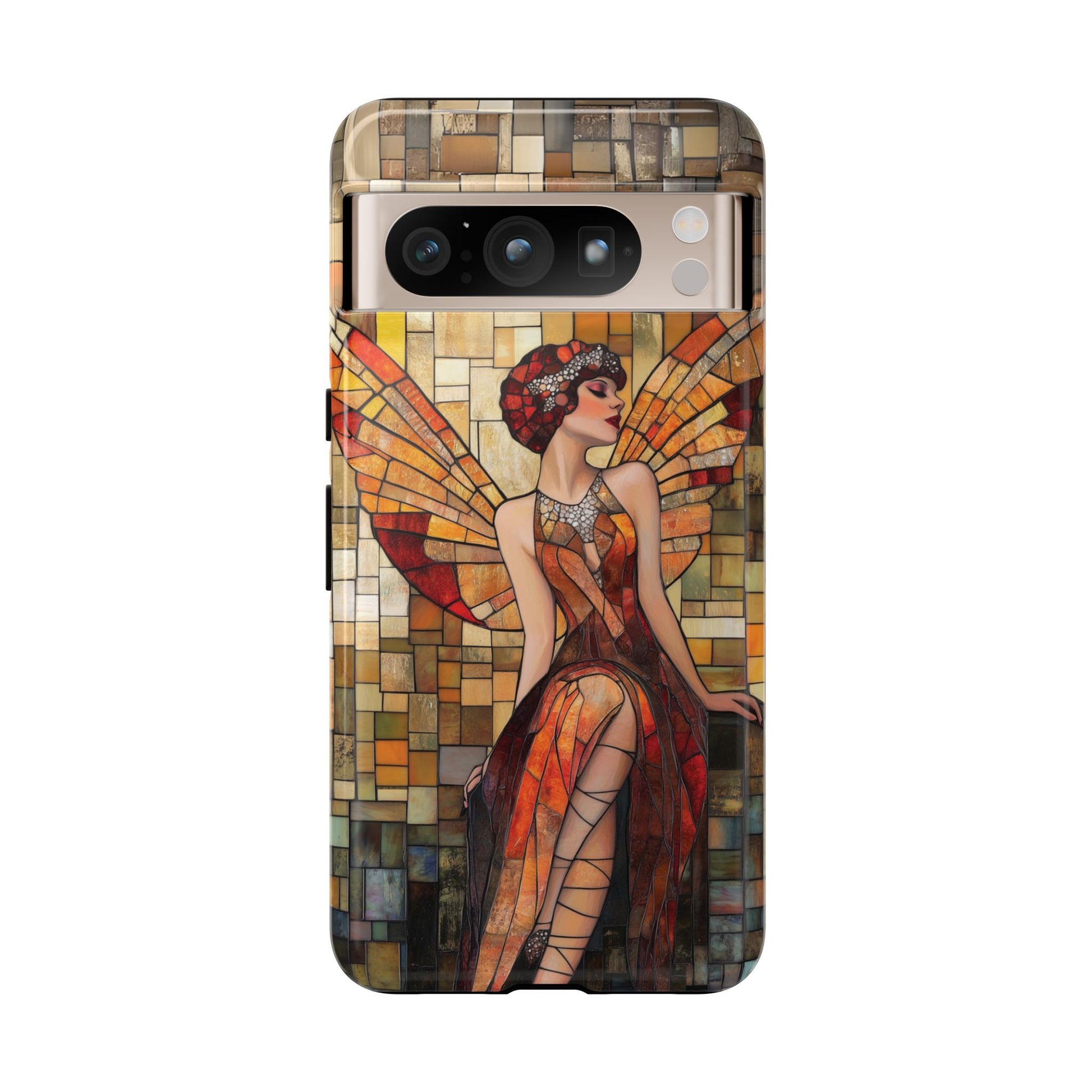Phone Case Art Deco Flapper Fairy Woman Mosaic Stained 1920s Art Nouveau Design in Red Yellow Orange Alphonse Mucha Gatsby Style Poster