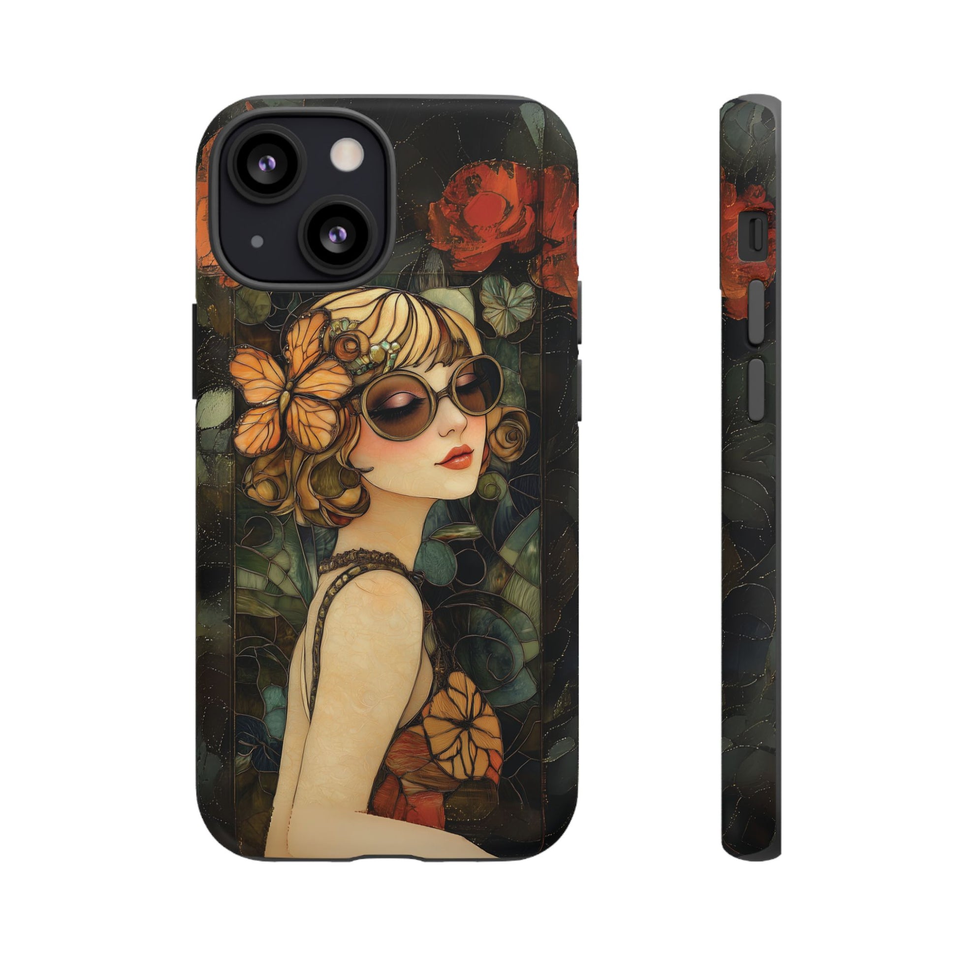 Butterfly Art Deco Flapper Woman Mosaic Phone Case 1920s Art Nouveau Design in Red Stained Glass Alphonse Mucha Style Gatsby Style Poster
