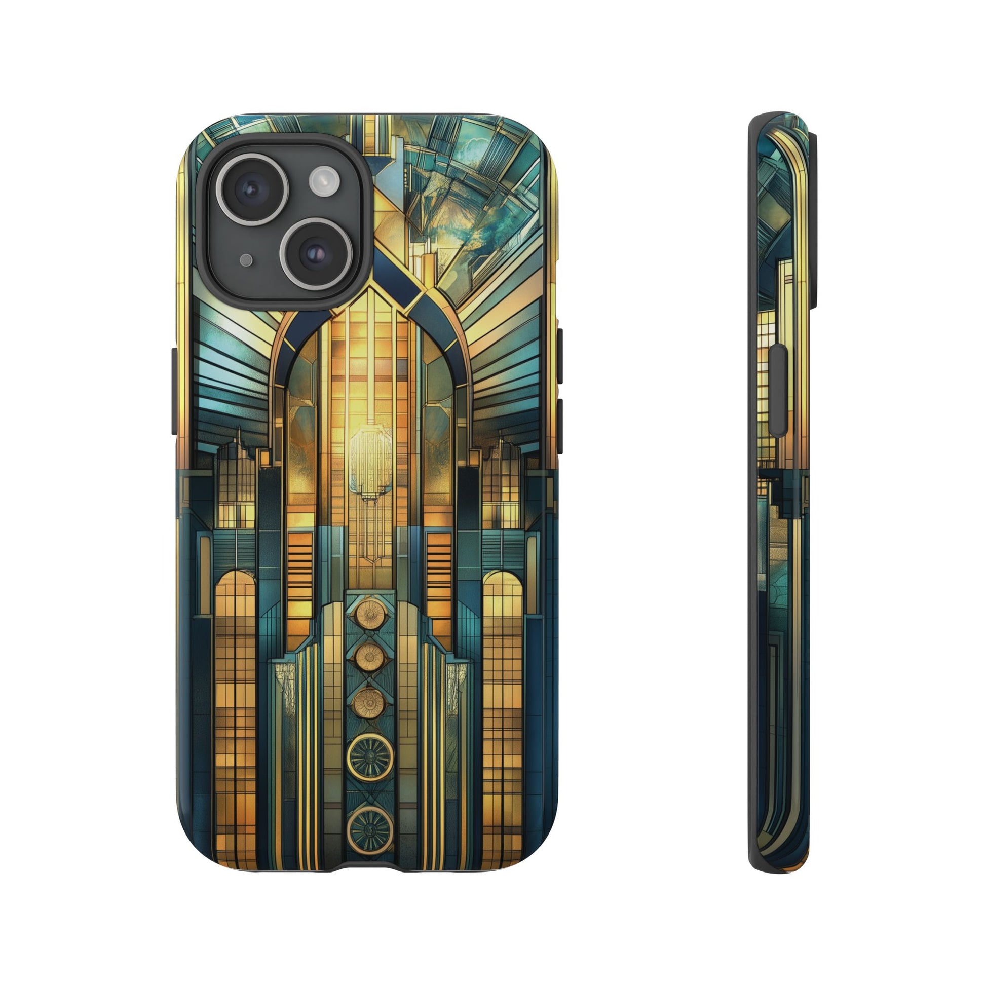 Phone Case Art Deco City Frank Lloyd Wright Teal Gold Protective Covers, Stylish Accessories, Great Gatsby Noir Nouveau iPhone 14 15 16 Pro
