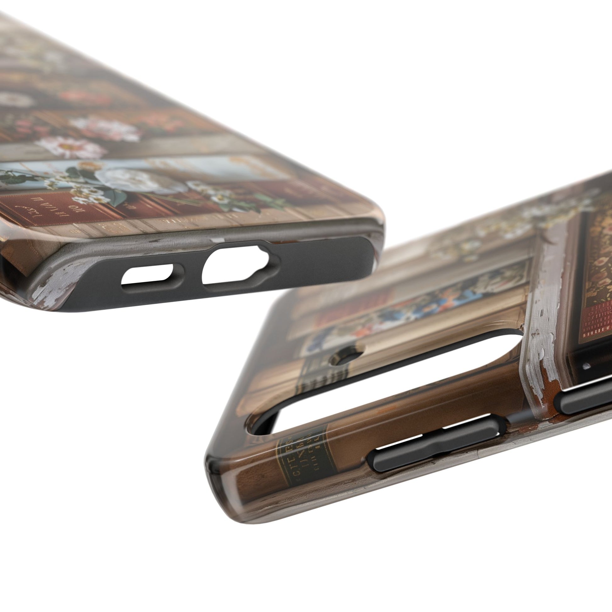 Vintage Book Stack Cottagecore Phone Case, Books with Floral Decor, Leather & Cloth Fliral iPhone Case, Pastel Roses Daisies Wildflowers