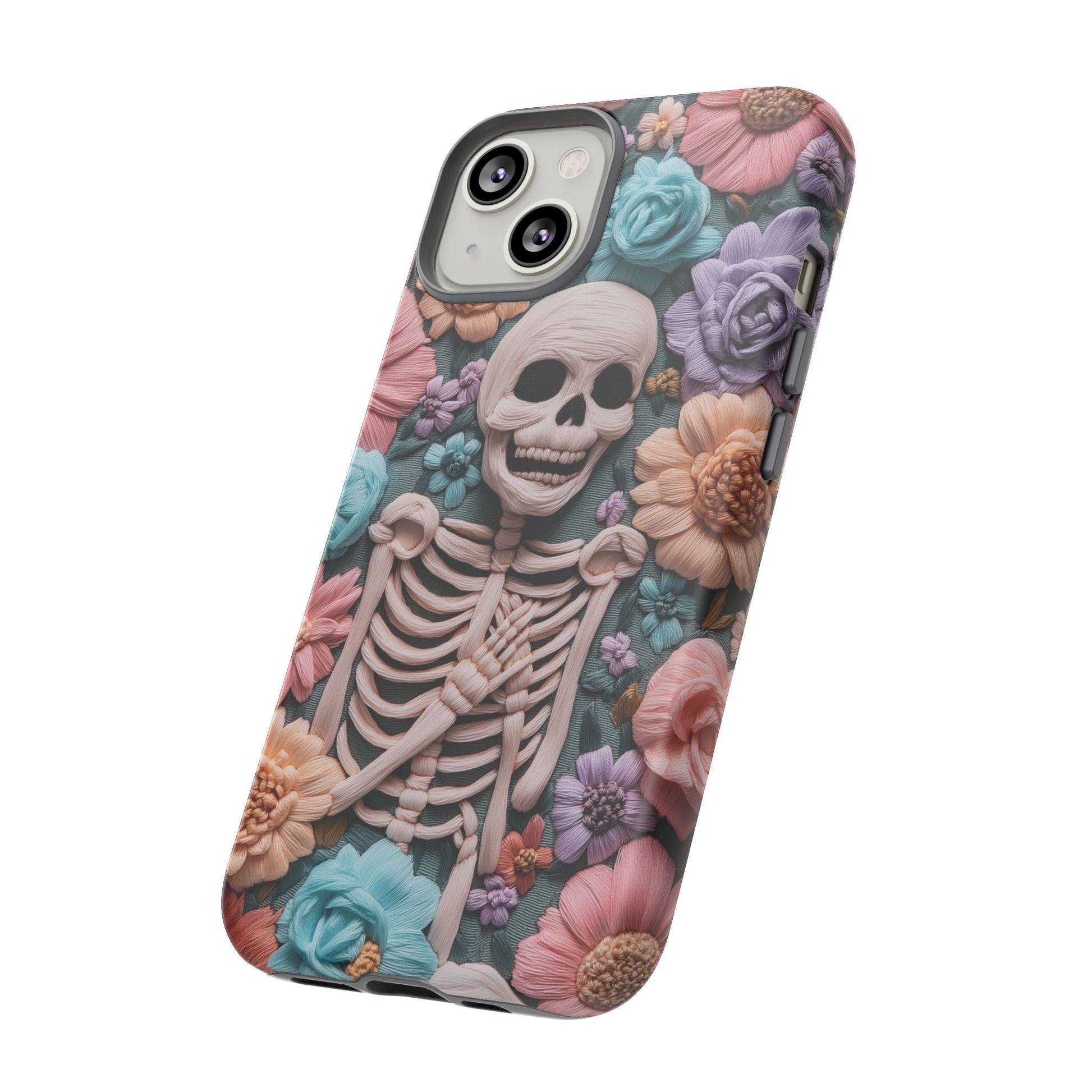 Embroidered Skeleton Gothic Cottagecore Halloween Phone Case 3D Look Flowers Pastel Custom 13 14 15 16 Pro Max Plus Galaxy Pixel