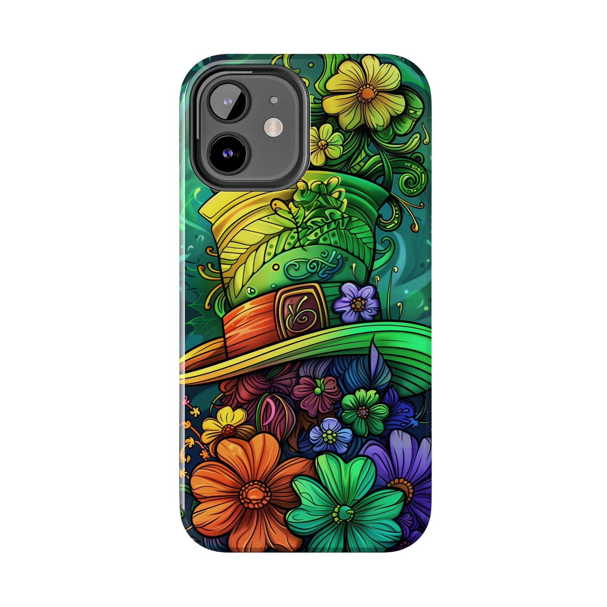 Rainbow St. Patricks Day Good Lucky Phone Case Green Shamrock Protective Tough Durable iPhone 13 14 15 16 Pro Max Plus Galaxy Top Hat Charm