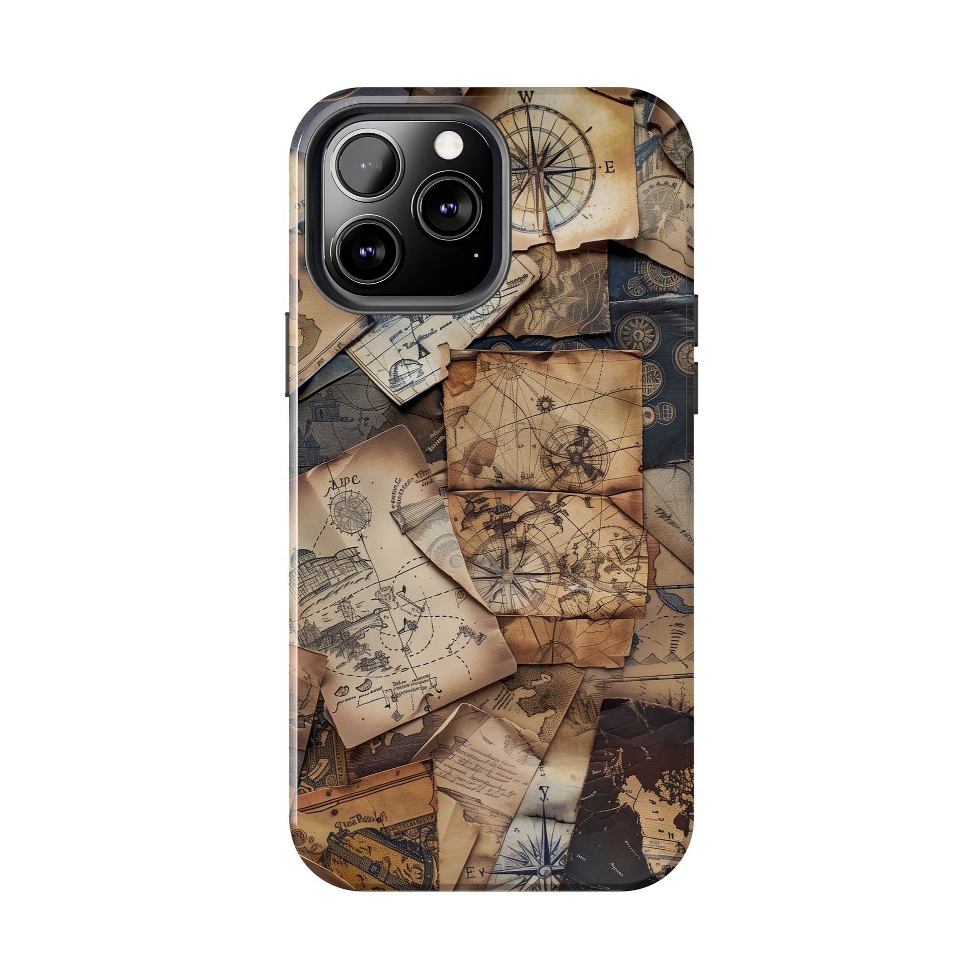 Double Layer Adventure Phone Case - Protective Phone Case Vintage Map and Compass Design - Dual Layer Case with Map Print