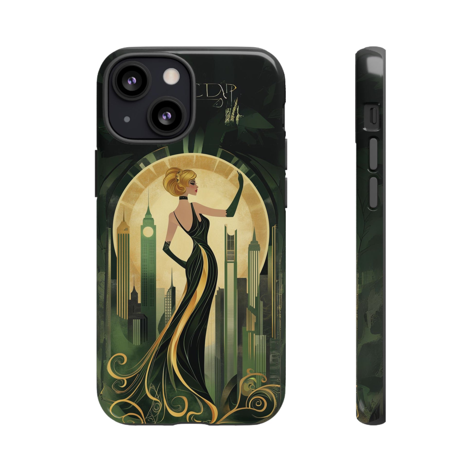 Emerald City Art Deco Flapper Woman Phone Case 1920s Art Nouveau Design in Emerald & Gold Alphonse Mucha Style Gatsby Style Poster