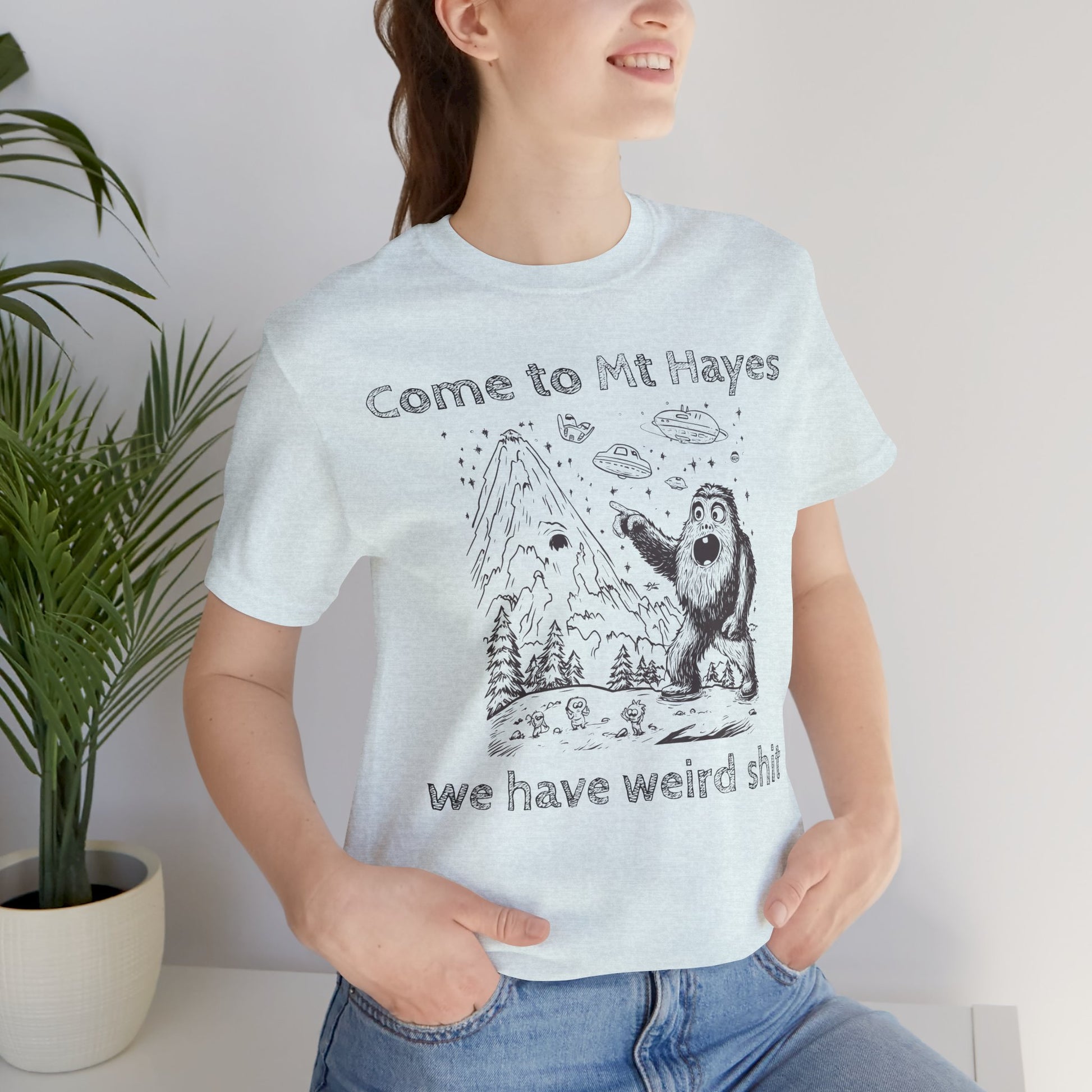 Alien Conspiracy Unisex Tee, Bigfoot Mountain Sketch Shirt, UFO Weird Stuff Tshirt, California Men's Top, Space Extraterrestrial Shirt
