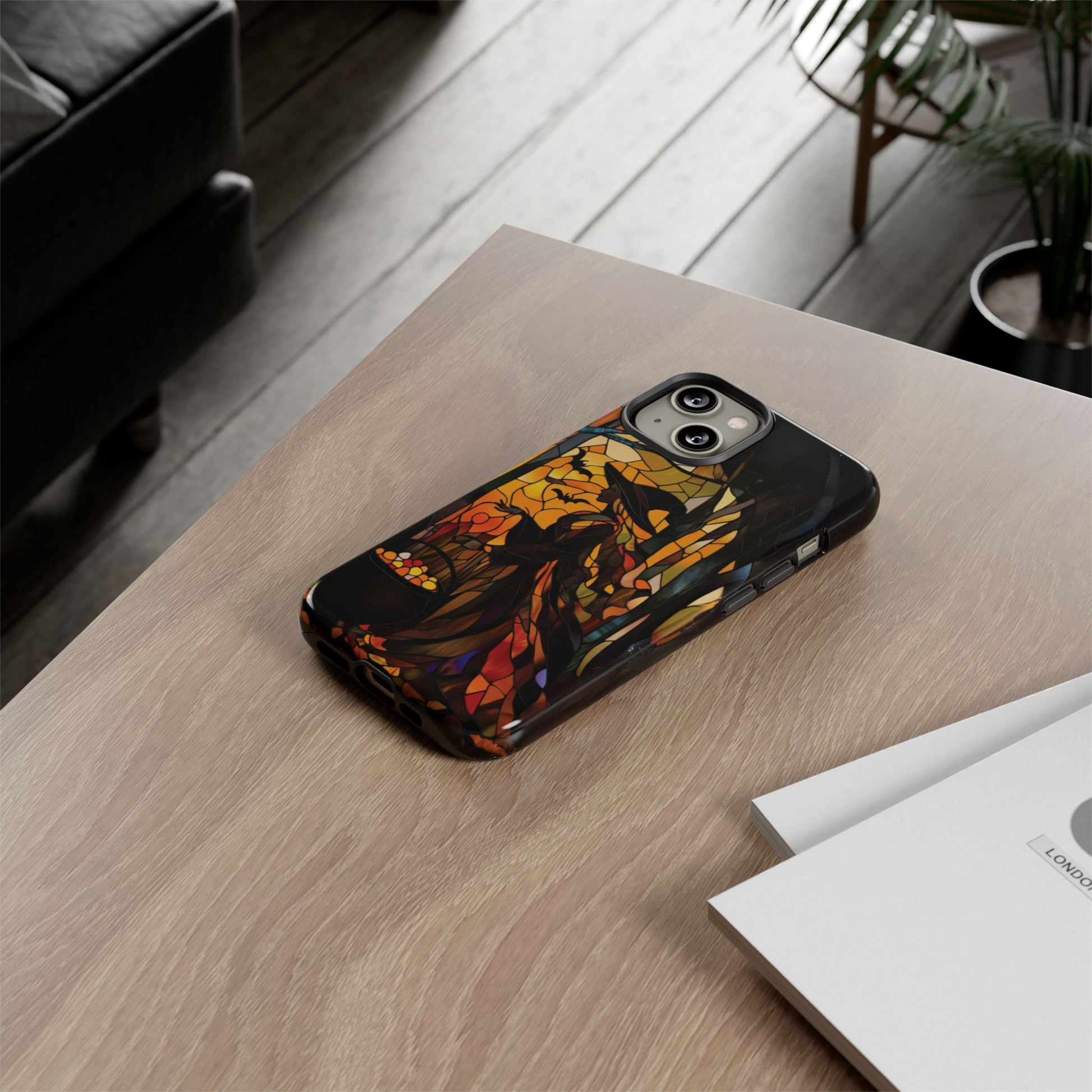 Halloween Witch Stained Glass Effect Dark Academia Spooky Fall Witchy Pumpkin Bats Seasonal Fall Mosaic Case iPhone 13 14 15 16 Pro Max