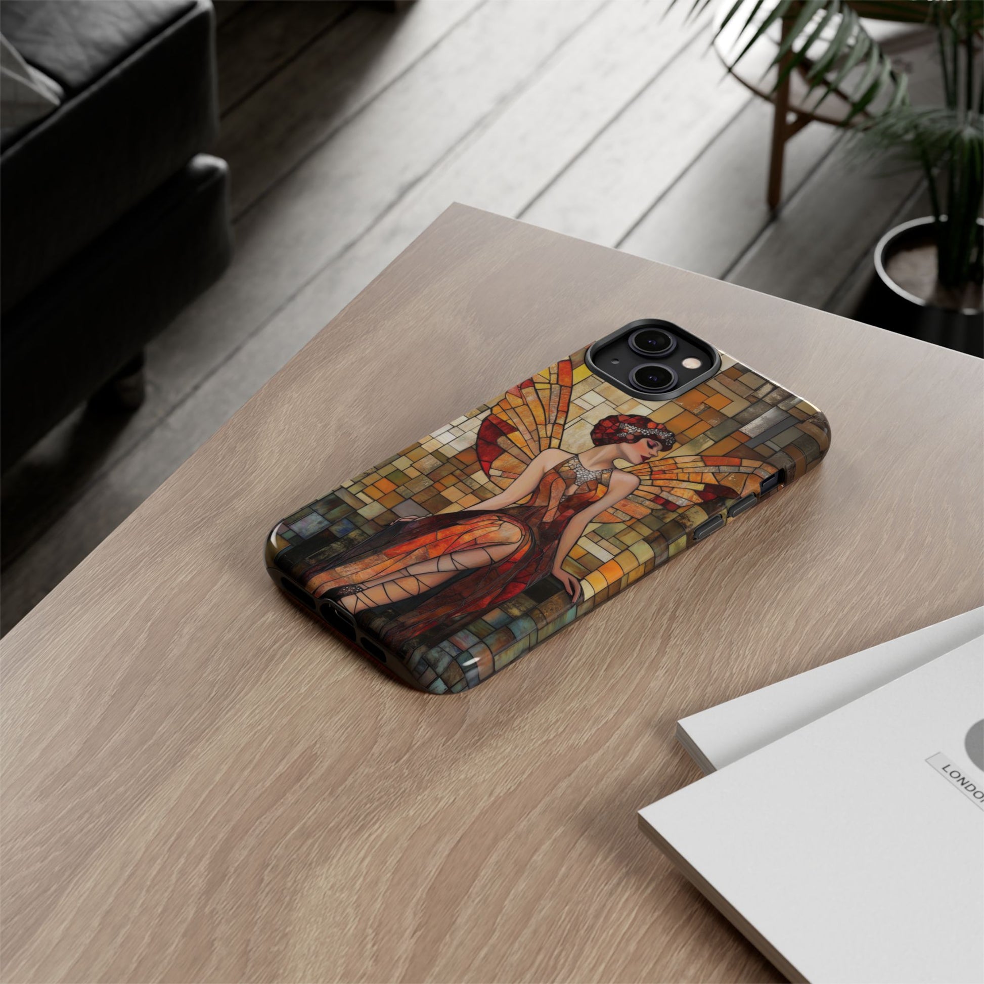 Phone Case Art Deco Flapper Fairy Woman Mosaic Stained 1920s Art Nouveau Design in Red Yellow Orange Alphonse Mucha Gatsby Style Poster