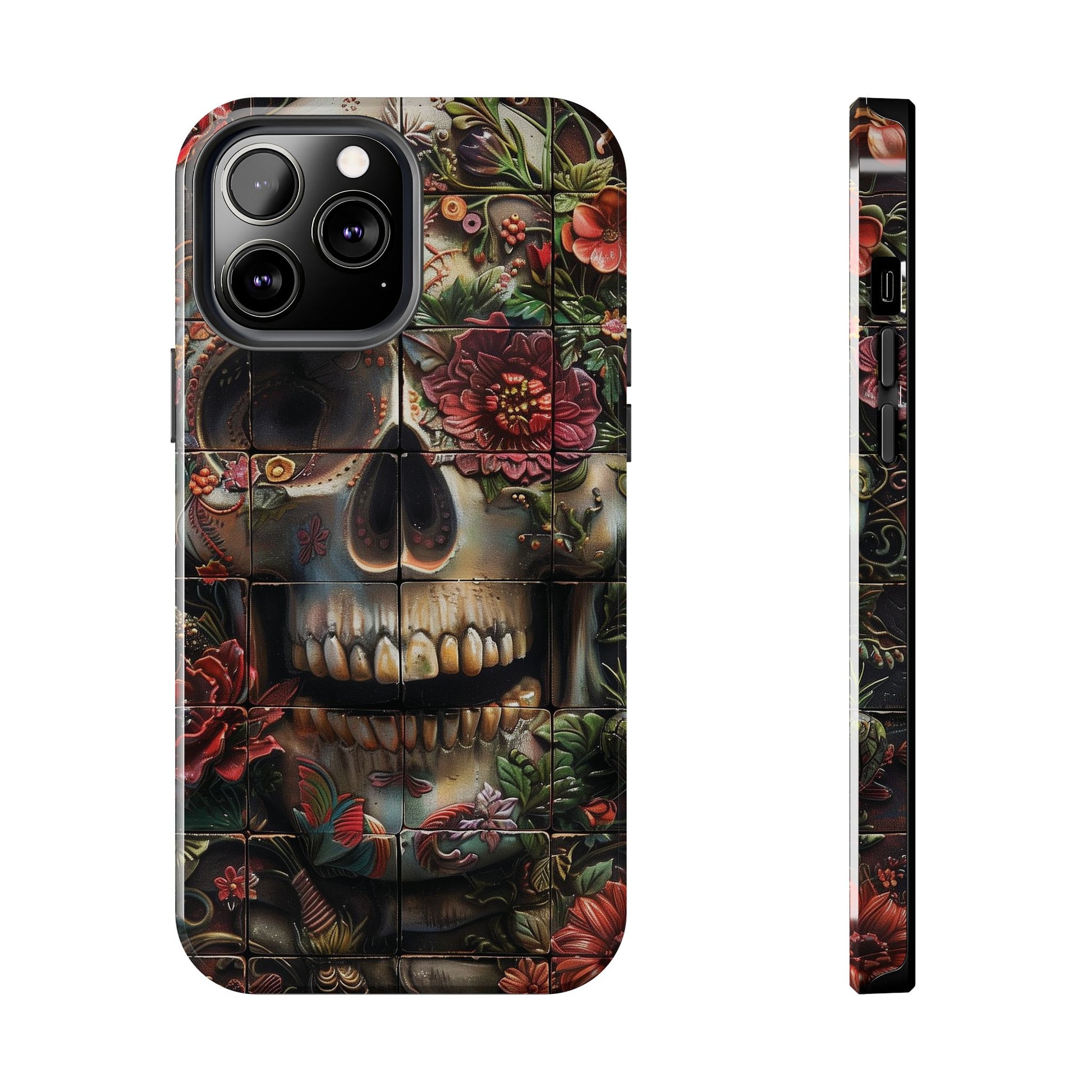 Sugar Skull Phone Case Flowers and Skeletons, Halloween Cottagecore Day of the Dead, Dia de Los Muertos Gothic, iPhone 15 Spooky Case