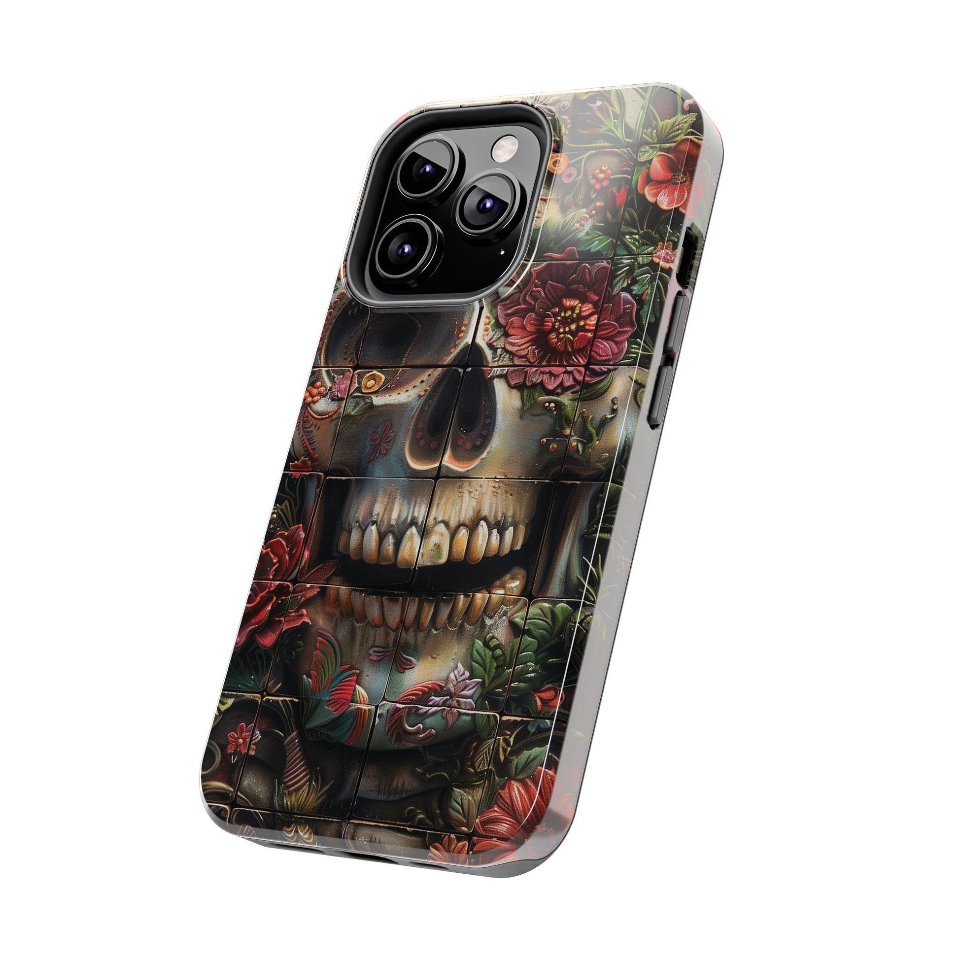 Sugar Skull Phone Case Flowers and Skeletons, Halloween Cottagecore Day of the Dead, Dia de Los Muertos Gothic, iPhone 15 Spooky Case