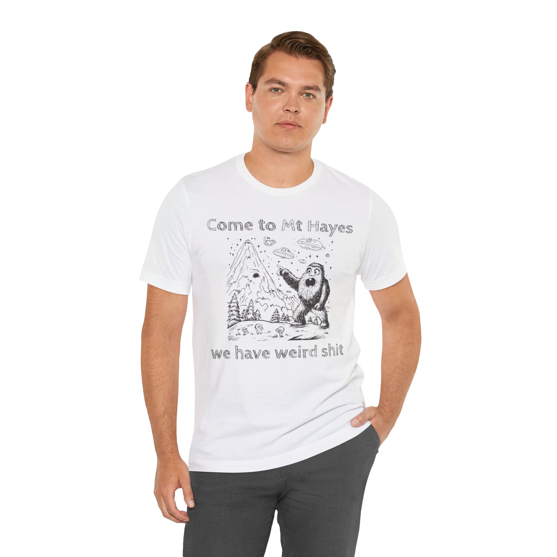 Alien Conspiracy Unisex Tee, Bigfoot Mountain Sketch Shirt, UFO Weird Stuff Tshirt, California Men's Top, Space Extraterrestrial Shirt