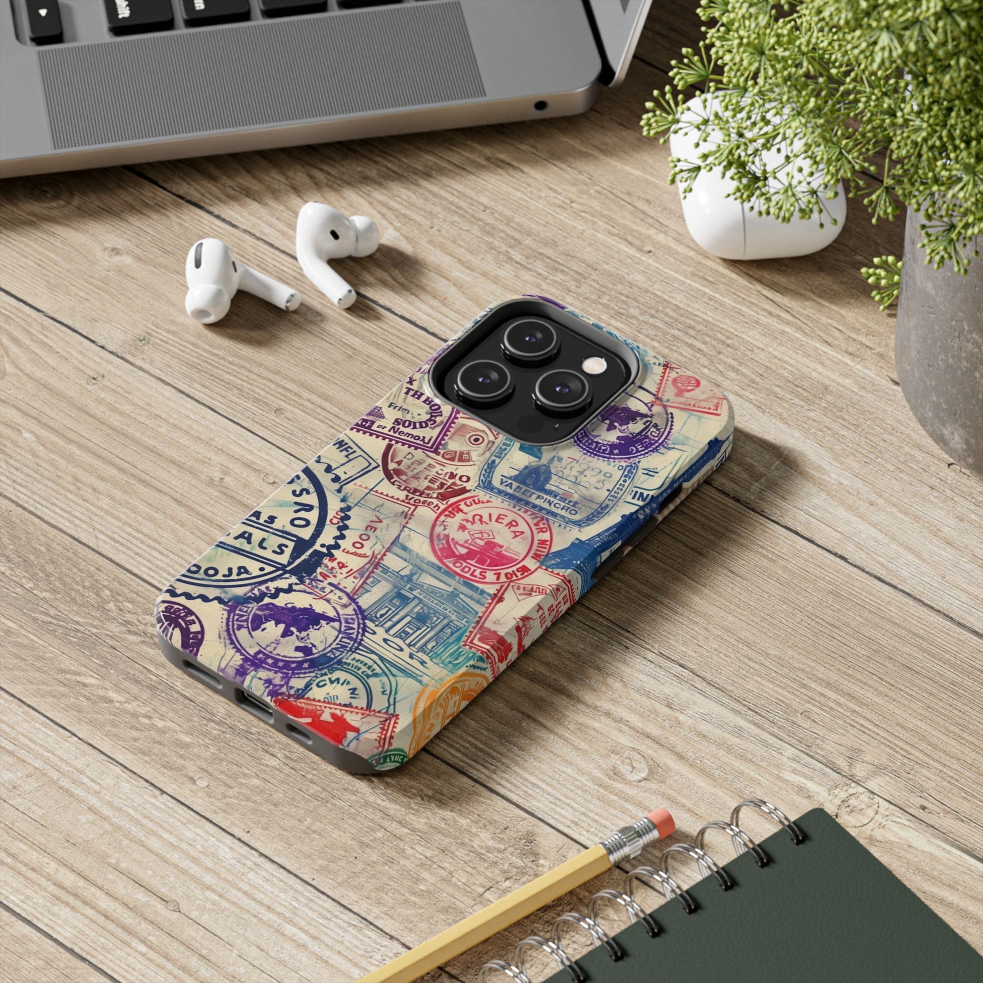 Travel Stamps Tough Phone Case - Durable Vintage Travel Stamps Design - Adventure Inspired Phone Case - Protective Case with travel stamps