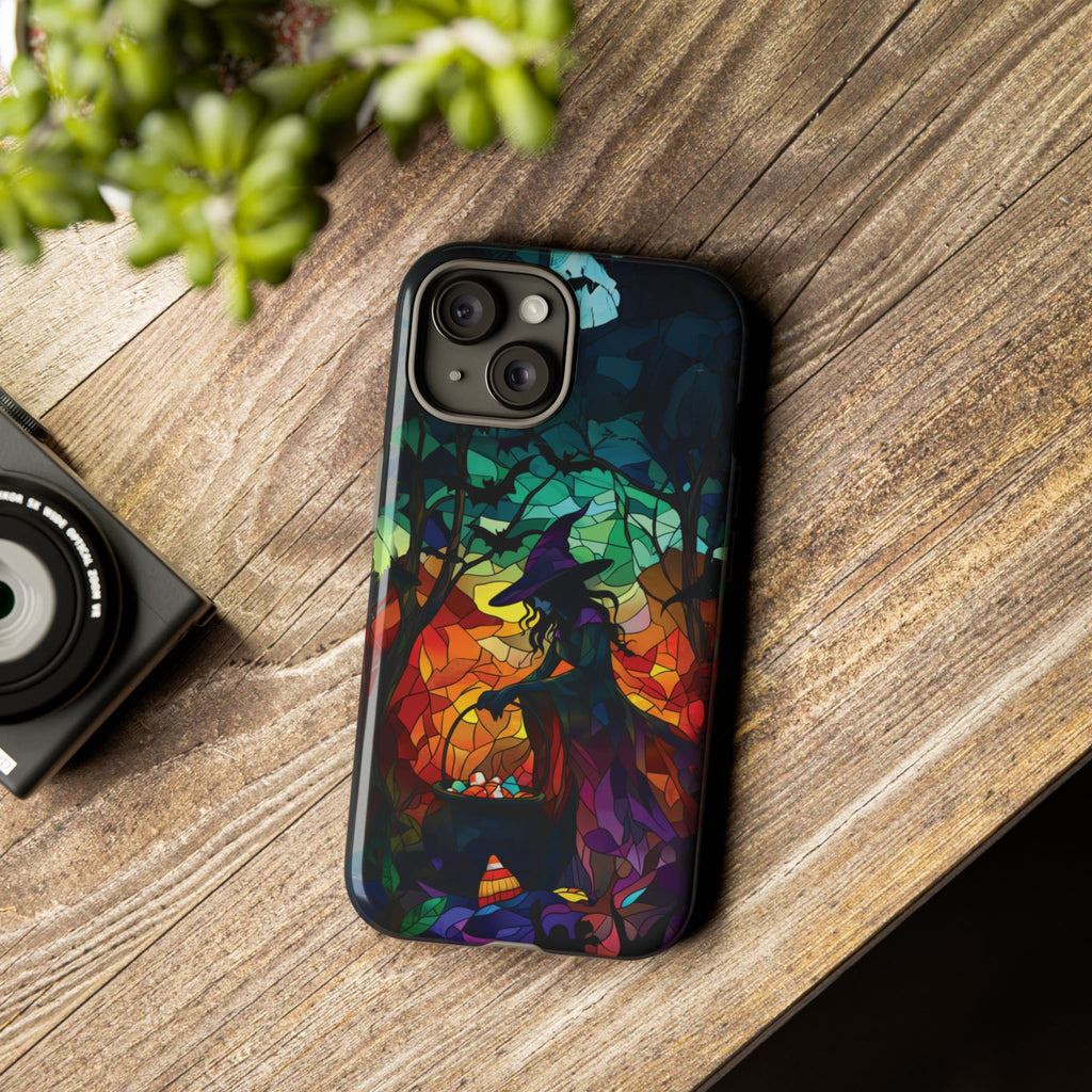 Halloween Witch Stained Glass Dark Academia Spooky Fall Witchy Pumpkin Bats Seasonal Fall Mosaic Case iPhone 13 14 15 16 Pro Max
