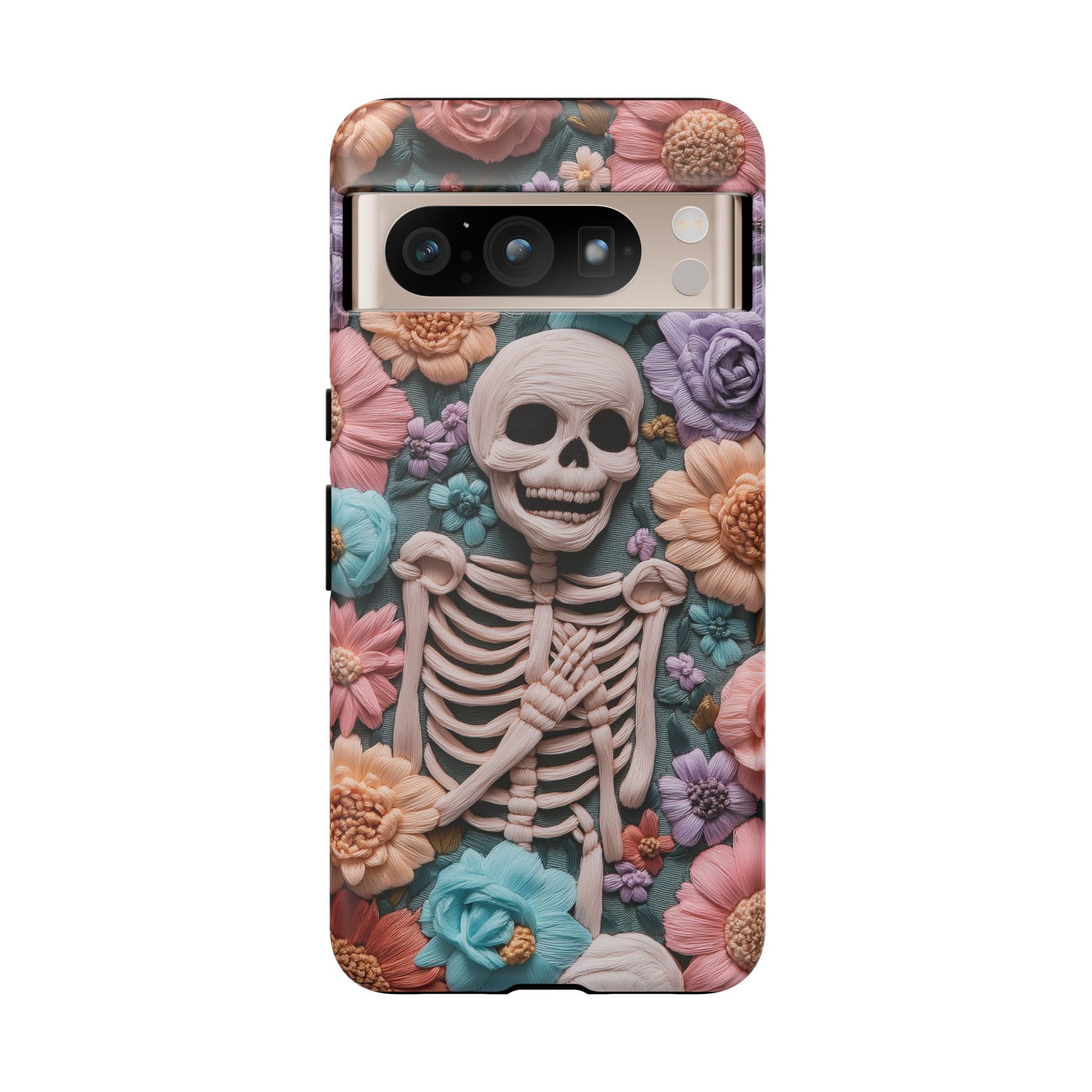Embroidered Skeleton Gothic Cottagecore Halloween Phone Case 3D Look Flowers Pastel Custom 13 14 15 16 Pro Max Plus Galaxy Pixel
