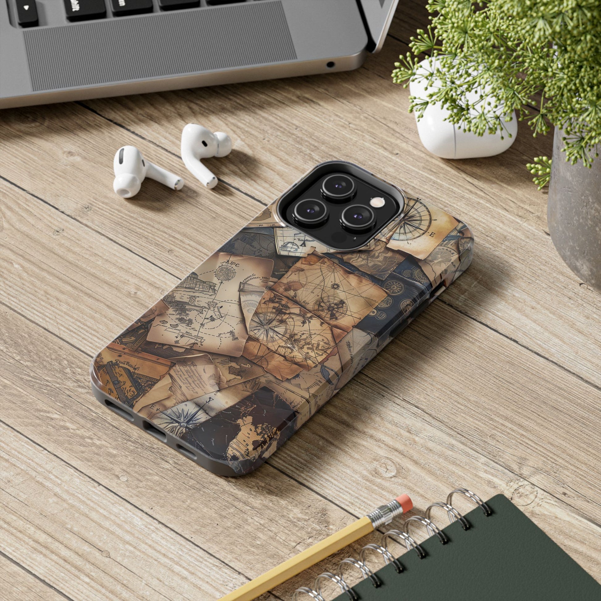 Double Layer Adventure Phone Case - Protective Phone Case Vintage Map and Compass Design - Dual Layer Case with Map Print