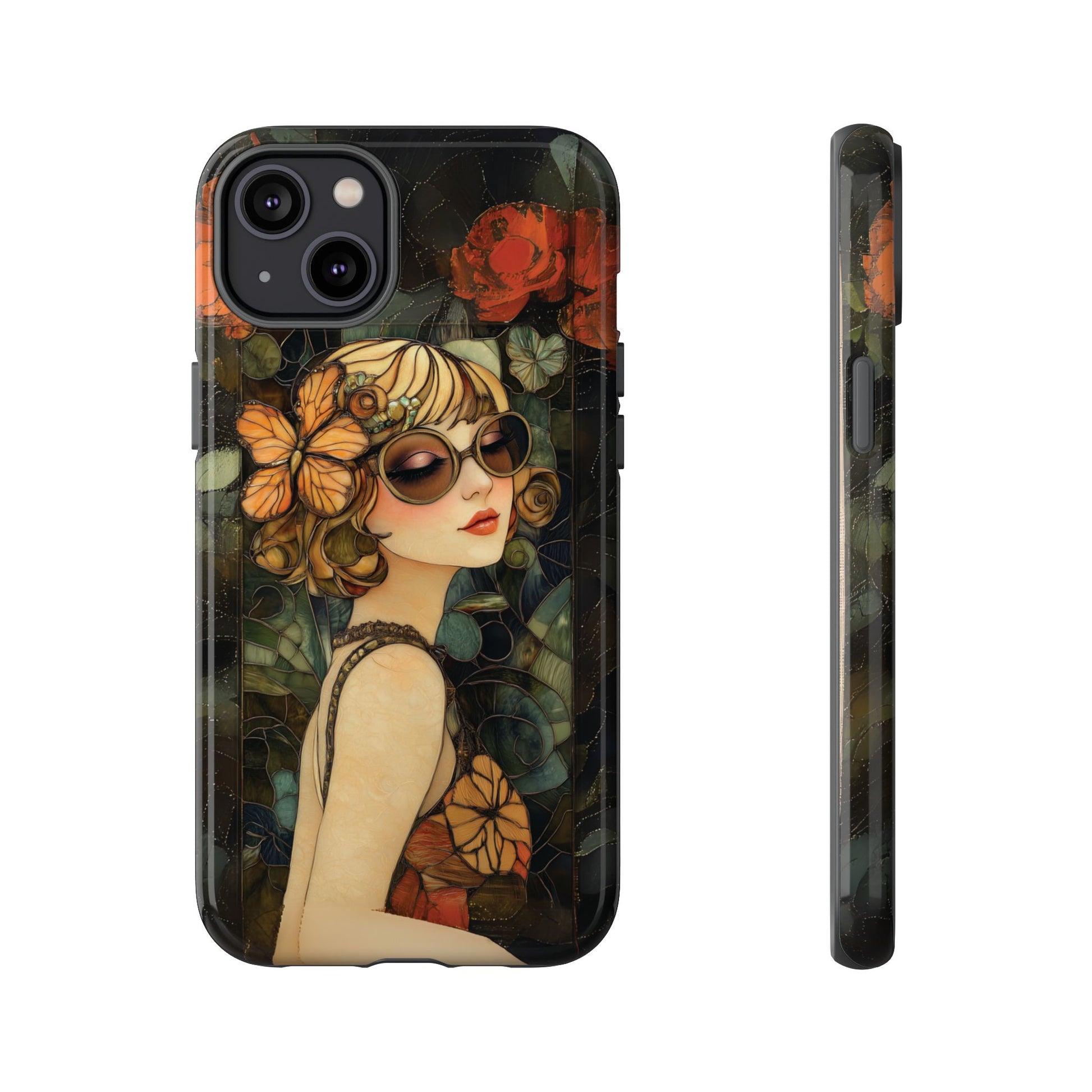 Butterfly Art Deco Flapper Woman Mosaic Phone Case 1920s Art Nouveau Design in Red Stained Glass Alphonse Mucha Style Gatsby Style Poster