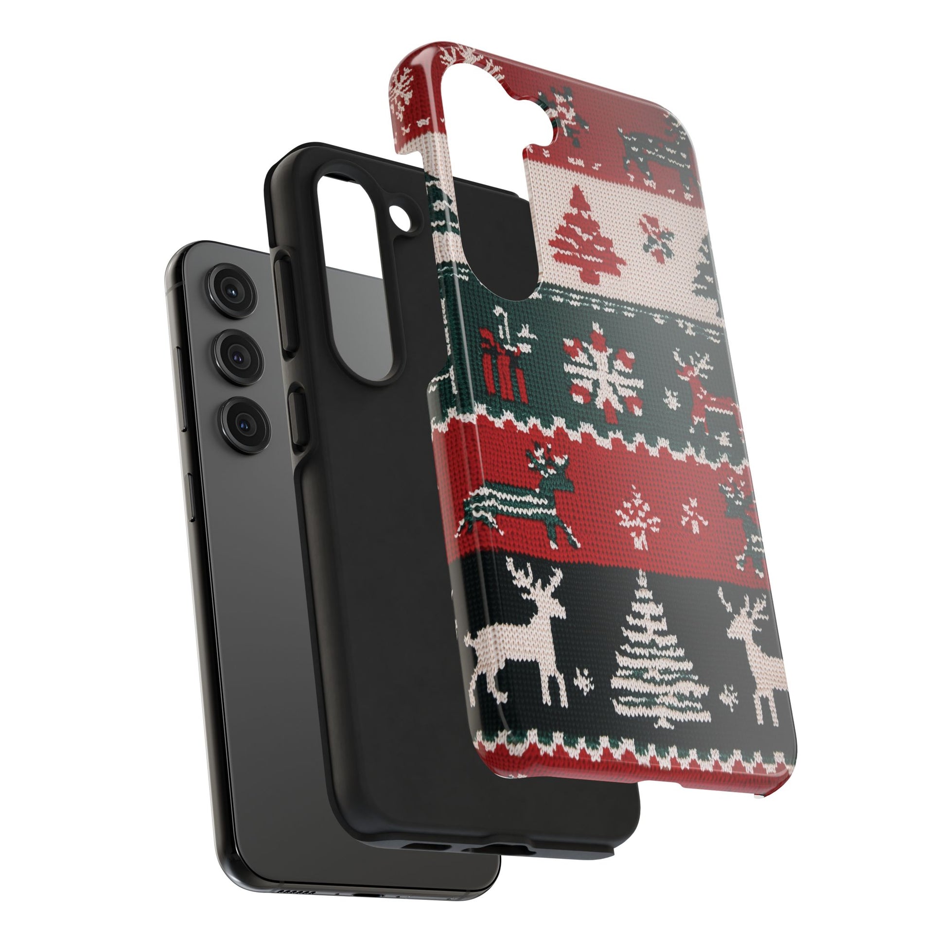 Ugly Christmas Sweater Phone Case Festive 3D Knit Textured Red White Green Holiday Knit Design Tree Reindeer iPhone 13 14 15 16 Pro Max