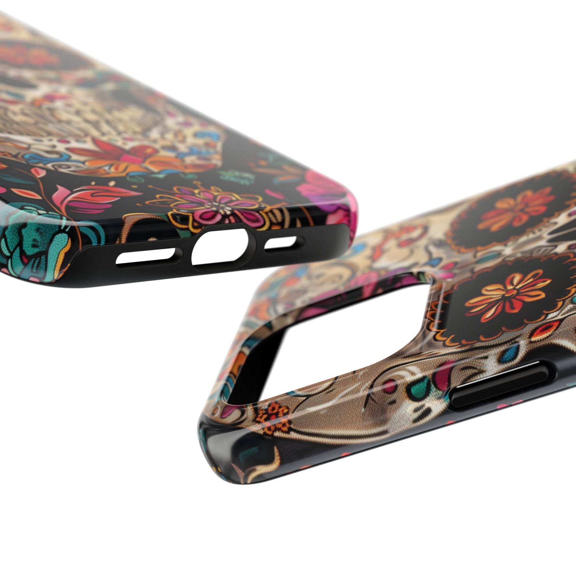 Sugar Skull Phone Case Flowers and Skeletons, Halloween Cottagecore Day of the Dead, Dia de Los Muertos Gothic, iPhone 15 Spooky Case