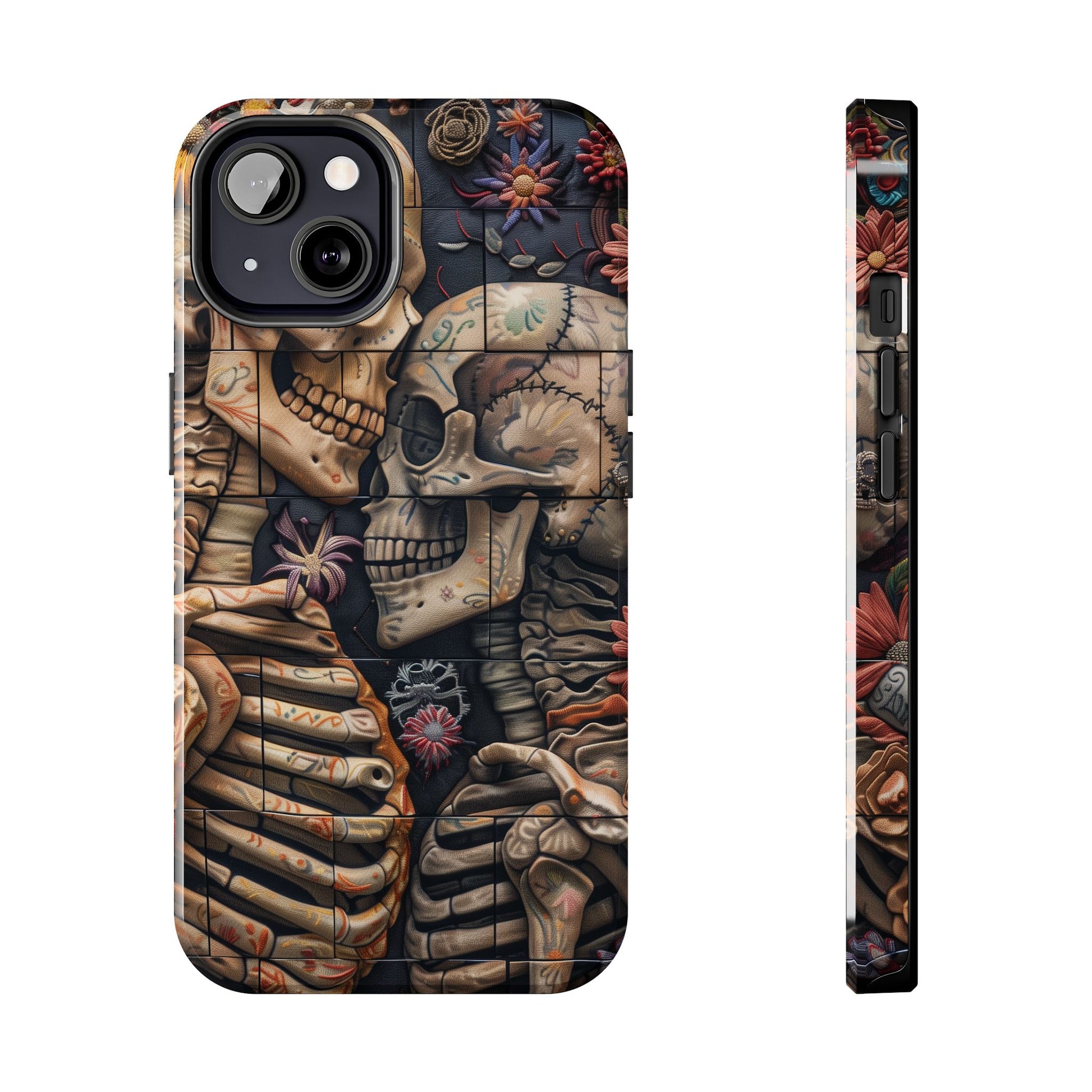 Embroidered Skeletons Phone Case, Flowers and Skulls, Halloween Cottagecore Day of the Dead, iPhone Dia de Los Muertos Gothic