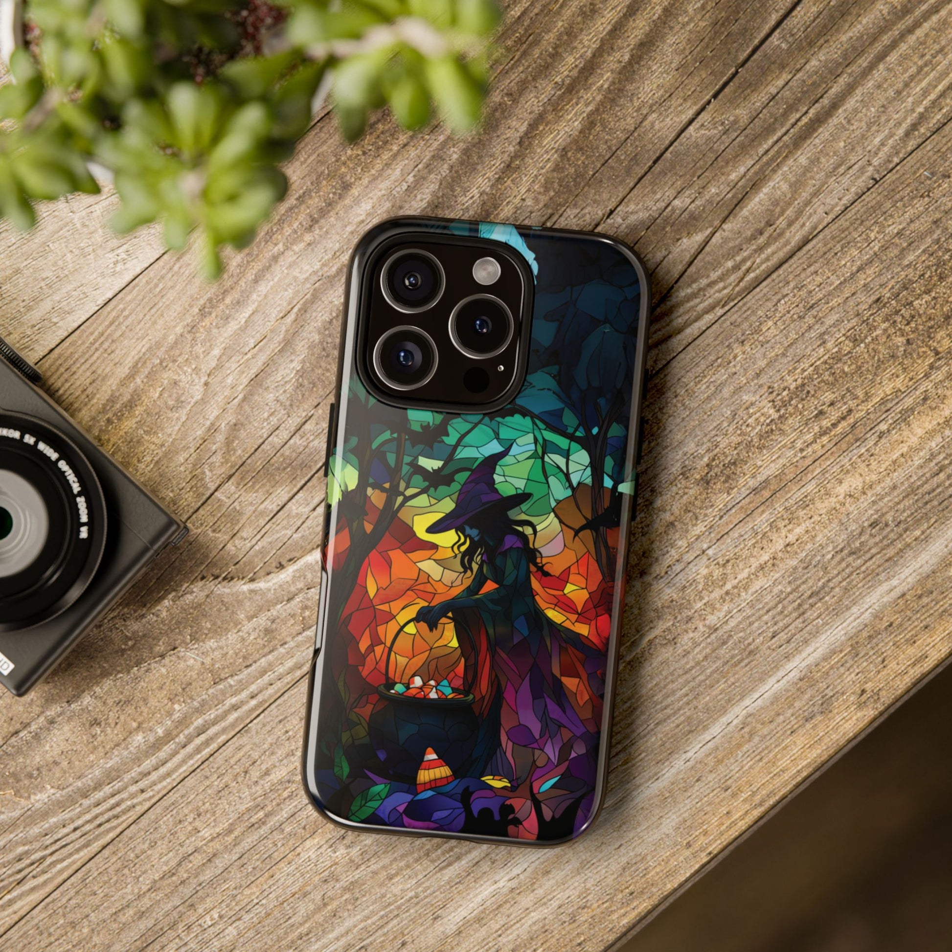 Halloween Witch Stained Glass Dark Academia Spooky Fall Witchy Pumpkin Bats Seasonal Fall Mosaic Case iPhone 13 14 15 16 Pro Max