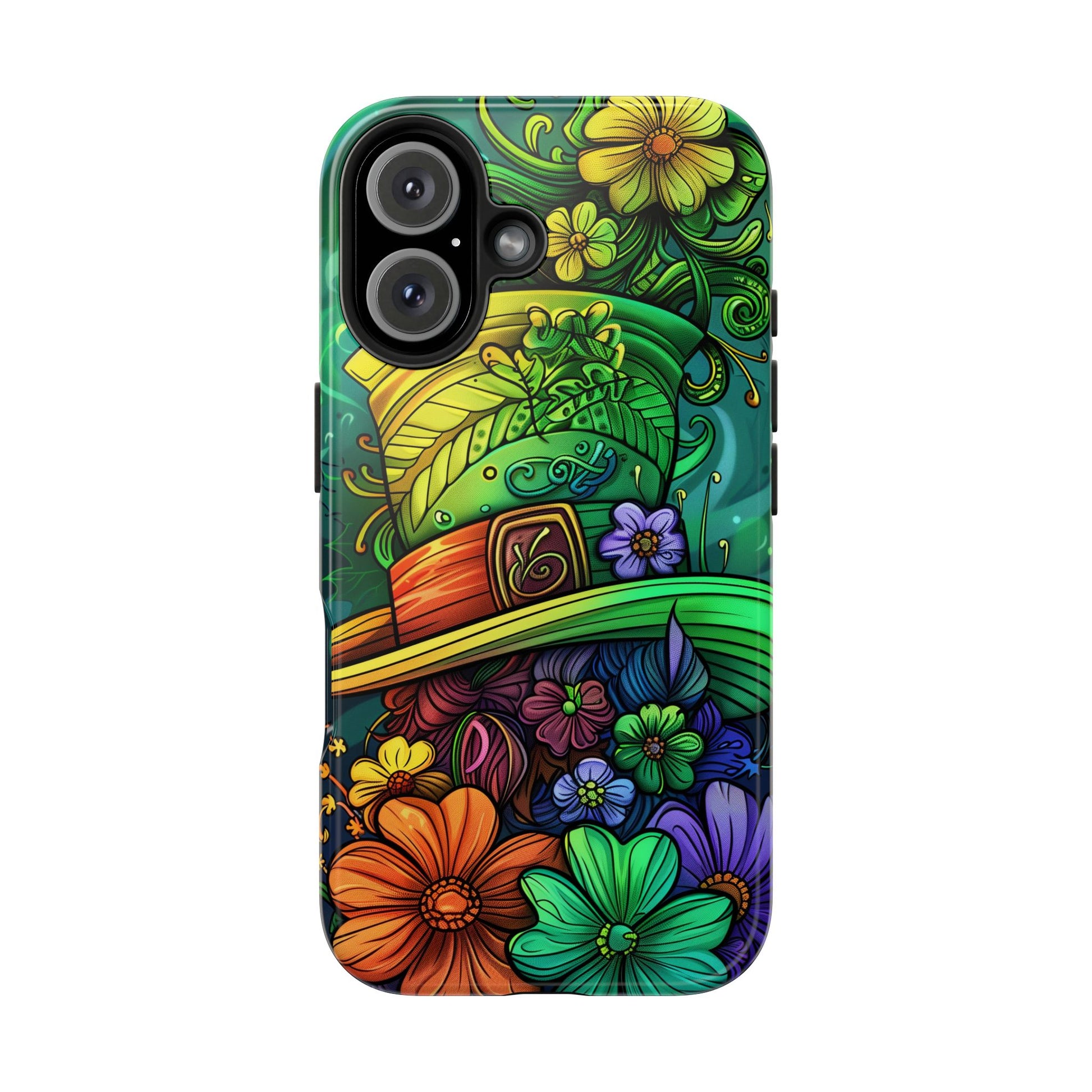 Rainbow St. Patricks Day Good Lucky Phone Case Green Shamrock Protective Tough Durable iPhone 13 14 15 16 Pro Max Plus Galaxy Top Hat Charm