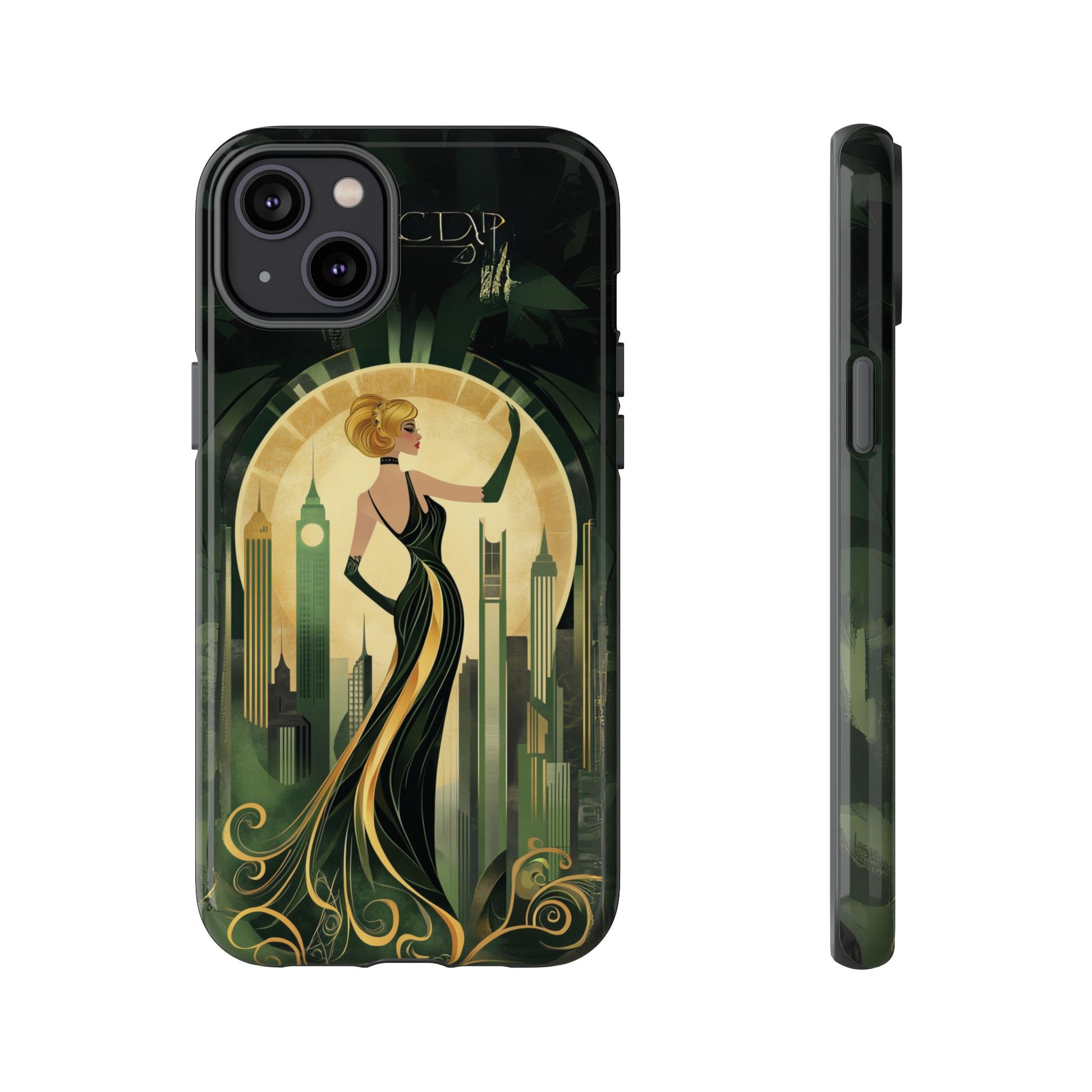 Emerald City Art Deco Flapper Woman Phone Case 1920s Art Nouveau Design in Emerald & Gold Alphonse Mucha Style Gatsby Style Poster