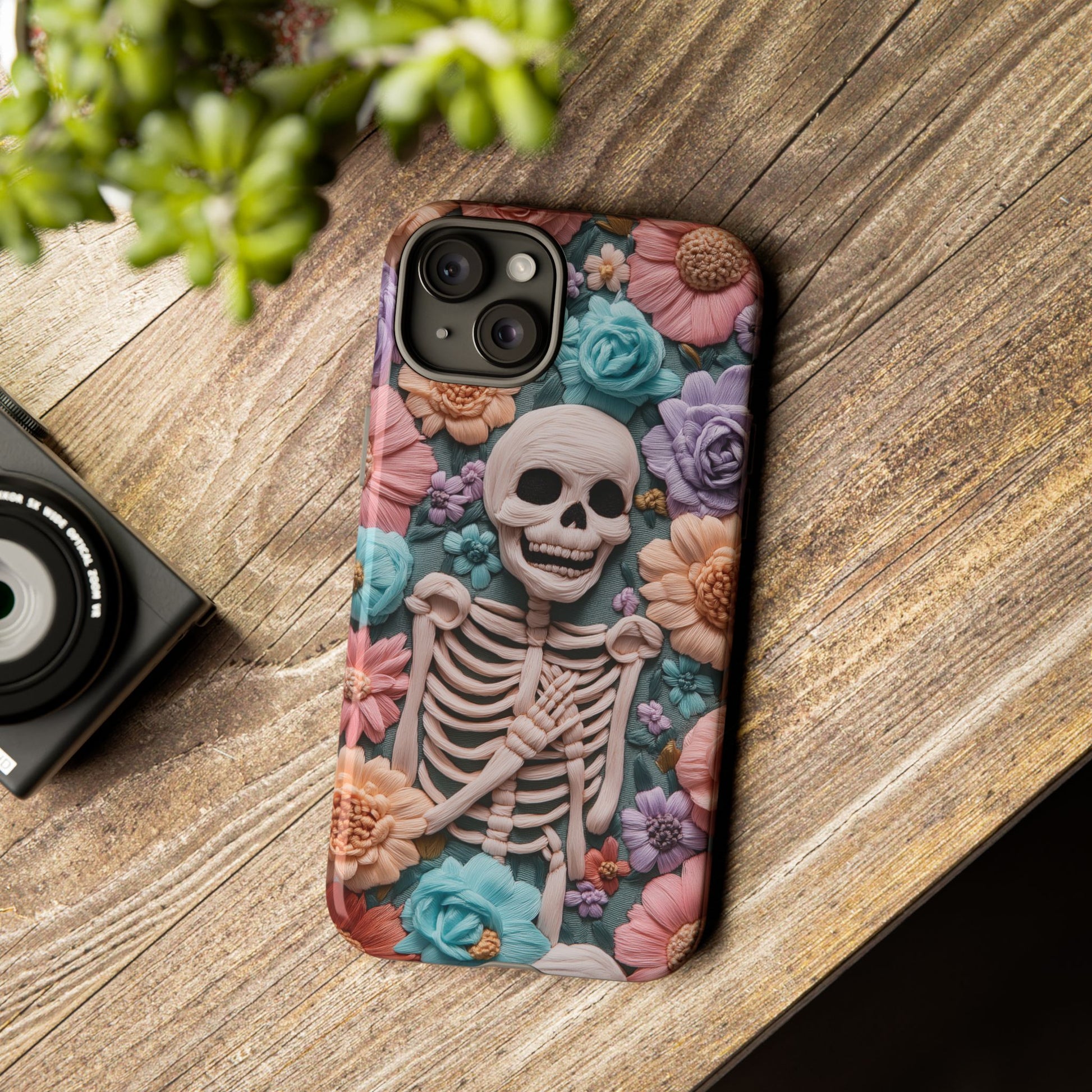 Embroidered Skeleton Gothic Cottagecore Halloween Phone Case 3D Look Flowers Pastel Custom 13 14 15 16 Pro Max Plus Galaxy Pixel