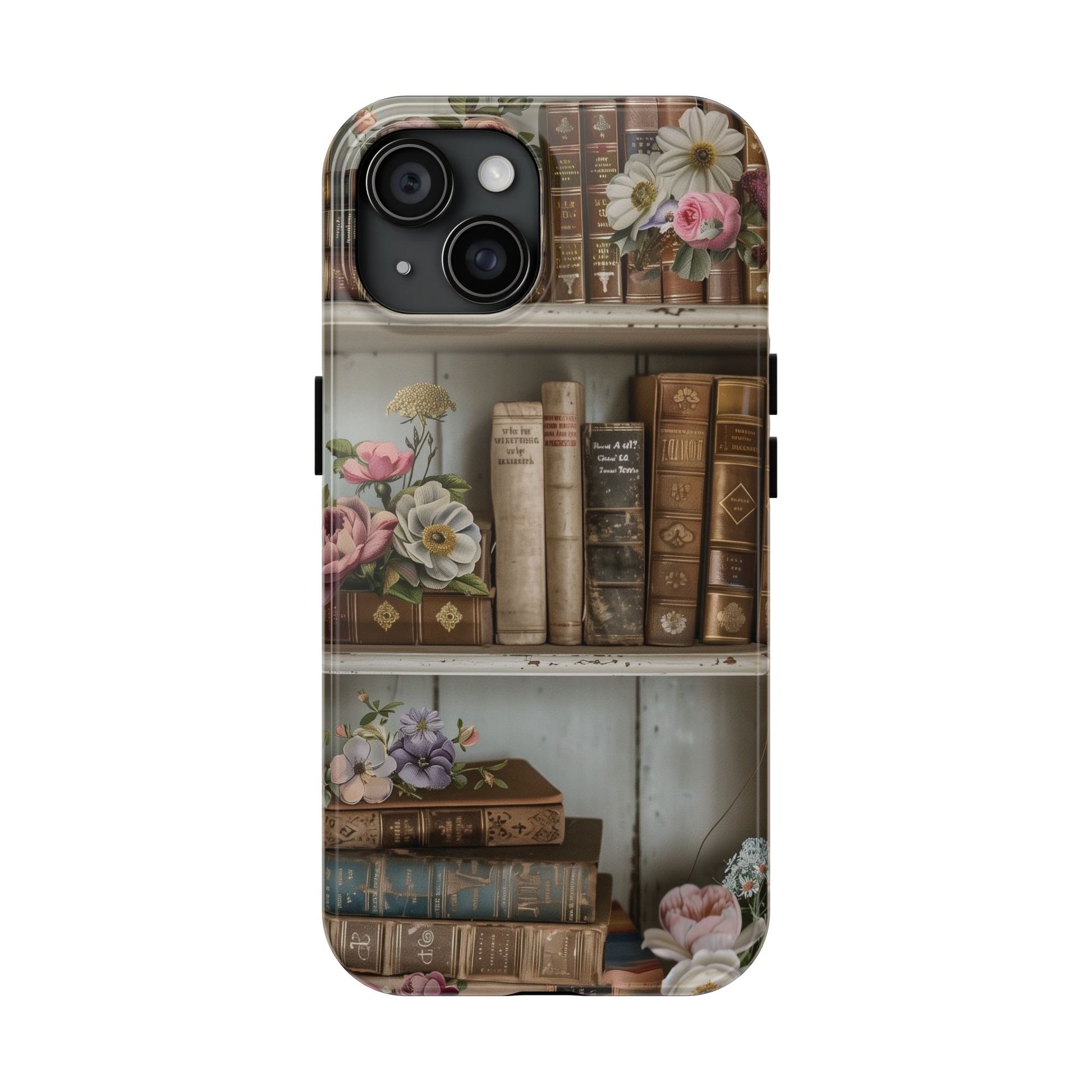 Vintage Book Stack Cottagecore Phone Case, Books with Floral Decor, Leather & Cloth Fliral iPhone Case, Pastel Roses Daisies Wildflowers