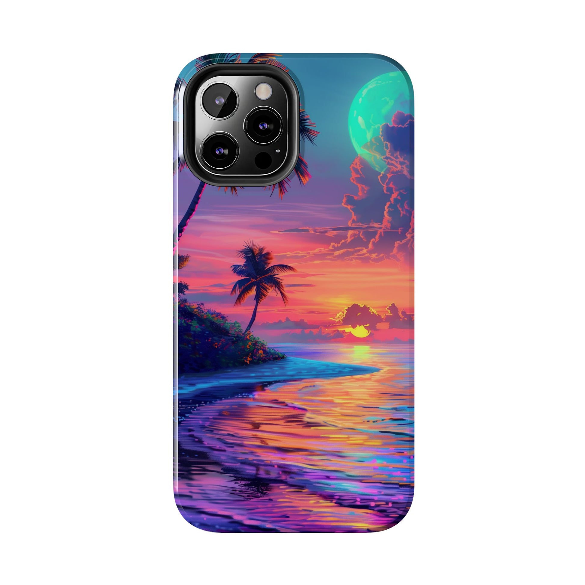 Tough Beach Scene Phone Case - Durable Phone Cover with Lisa Frank Inspired Beach Art - Protective Case with Vibrant Beach Design