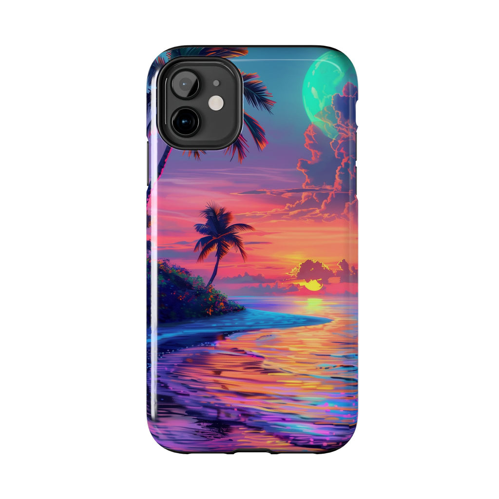 Tough Beach Scene Phone Case - Durable Phone Cover with Lisa Frank Inspired Beach Art - Protective Case with Vibrant Beach Design