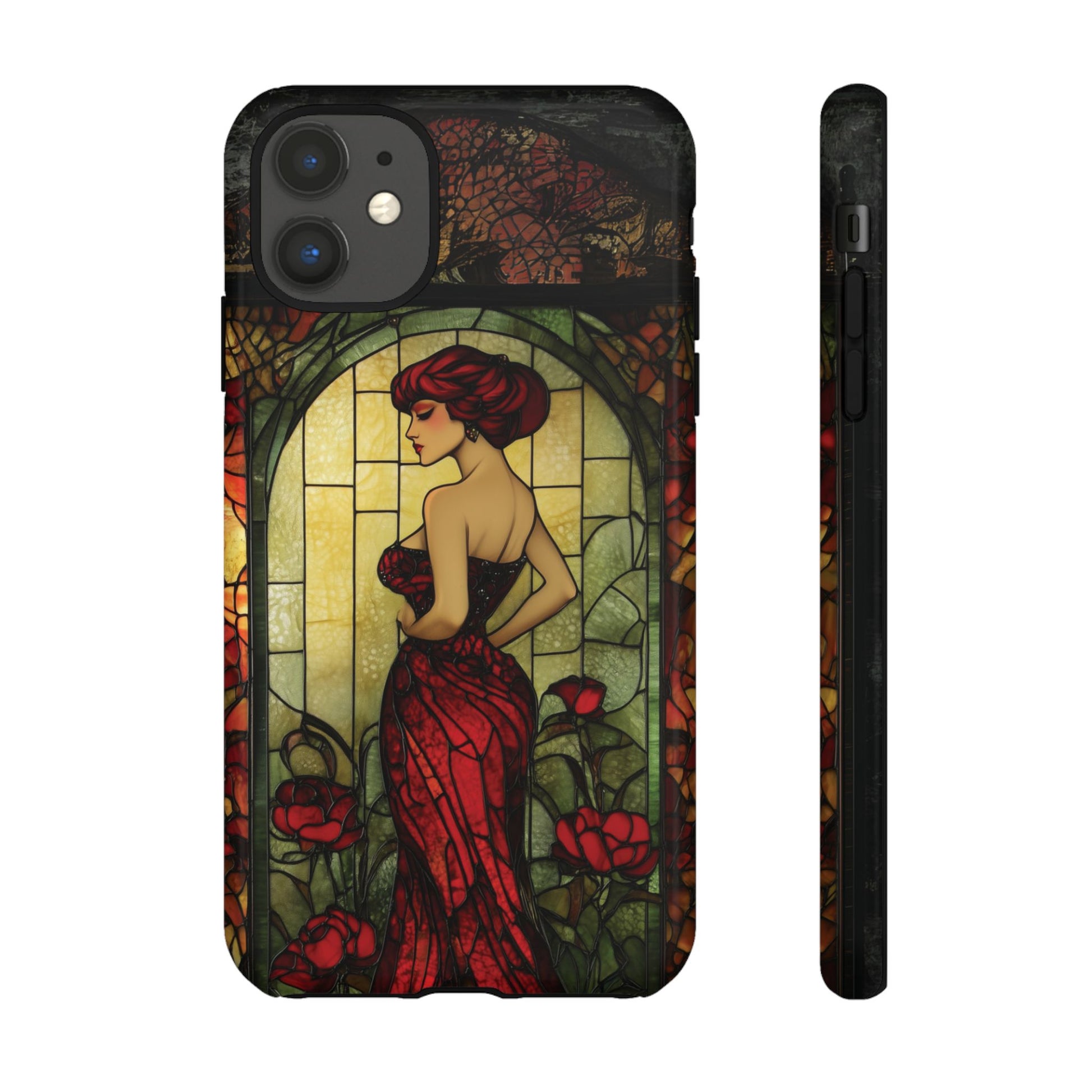Art Deco Flapper Woman Rose Phone Case 1920s Art Nouveau Design in Red Stained Glass Alphonse Mucha Style Gatsby Style Poster