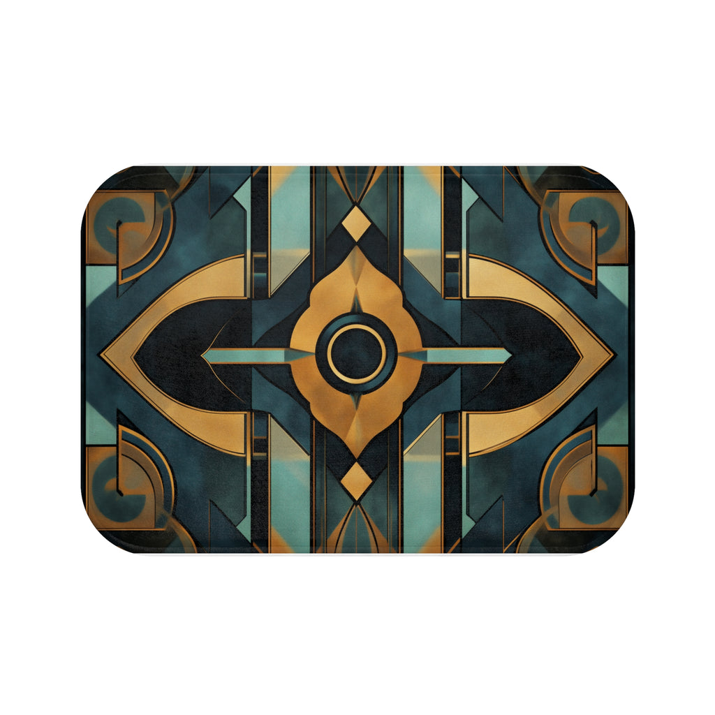 Art Nouveau Deco Bath Mat Geometric Design Teal and Gold Bathroom Decor