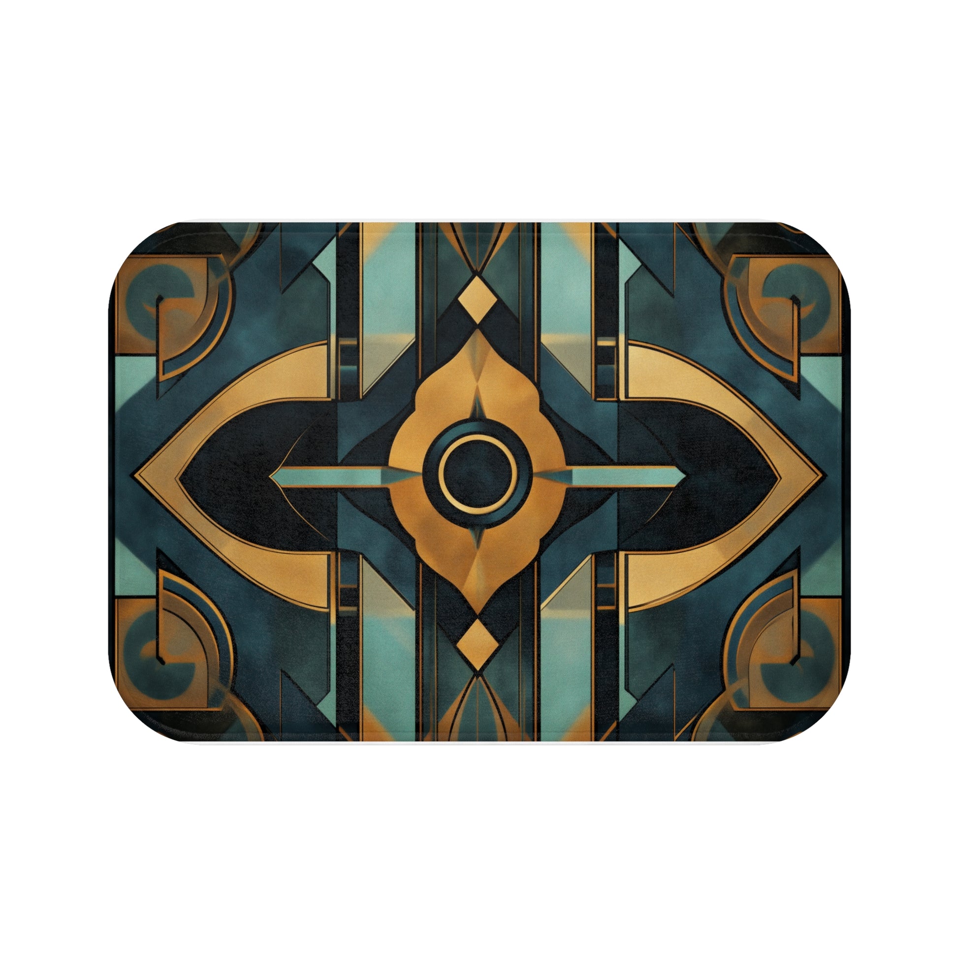 Art Nouveau Deco Bath Mat Geometric Design Teal and Gold Bathroom Decor