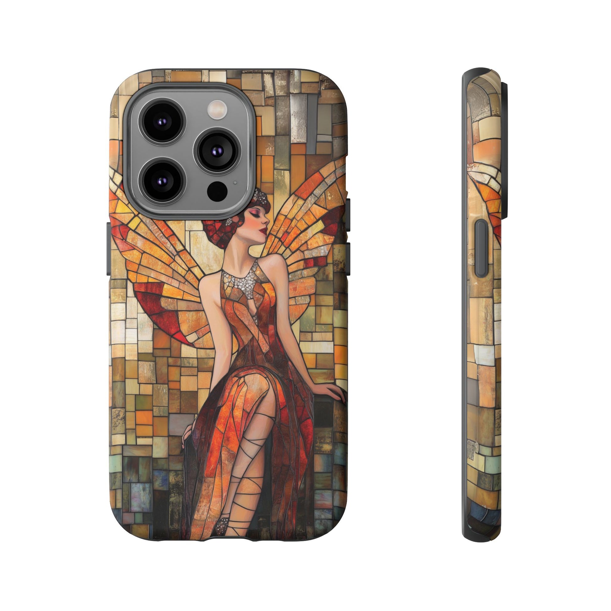 Phone Case Art Deco Flapper Fairy Woman Mosaic Stained 1920s Art Nouveau Design in Red Yellow Orange Alphonse Mucha Gatsby Style Poster