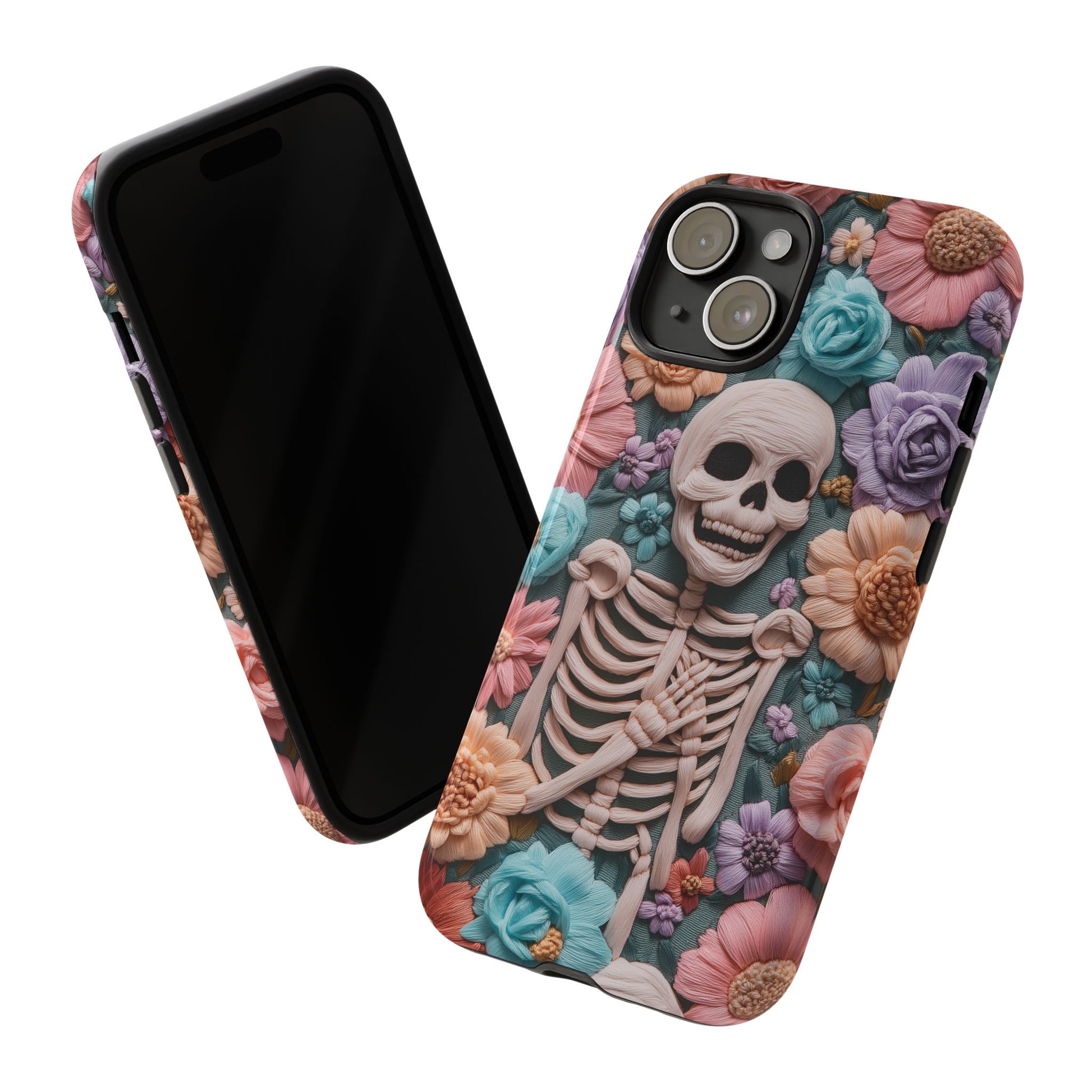 Embroidered Skeleton Gothic Cottagecore Halloween Phone Case 3D Look Flowers Pastel Custom 13 14 15 16 Pro Max Plus Galaxy Pixel