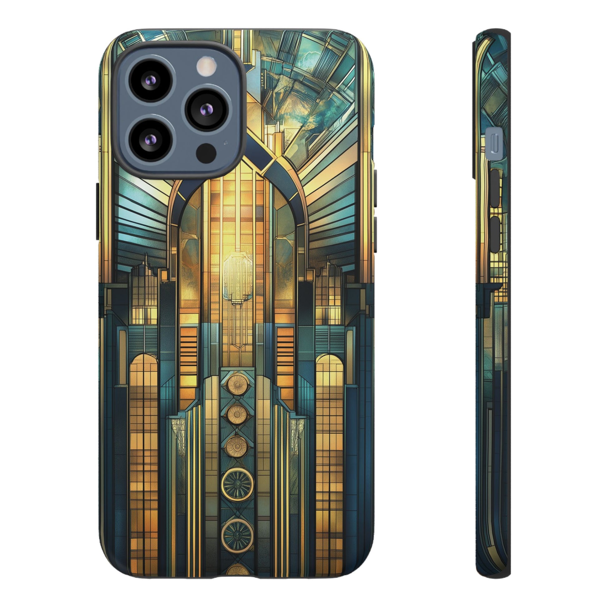 Phone Case Art Deco City Frank Lloyd Wright Teal Gold Protective Covers, Stylish Accessories, Great Gatsby Noir Nouveau iPhone 14 15 16 Pro
