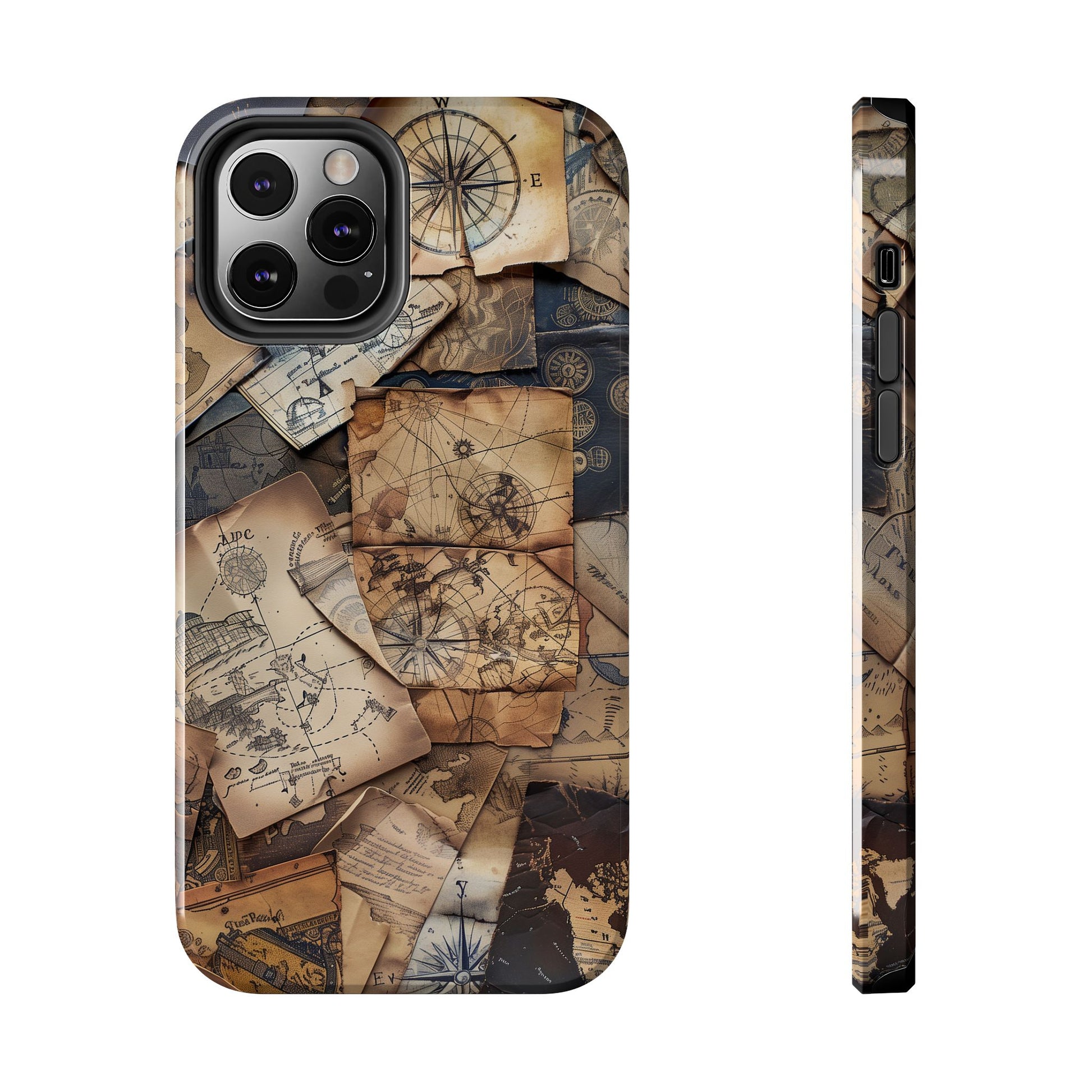 Double Layer Adventure Phone Case - Protective Phone Case Vintage Map and Compass Design - Dual Layer Case with Map Print