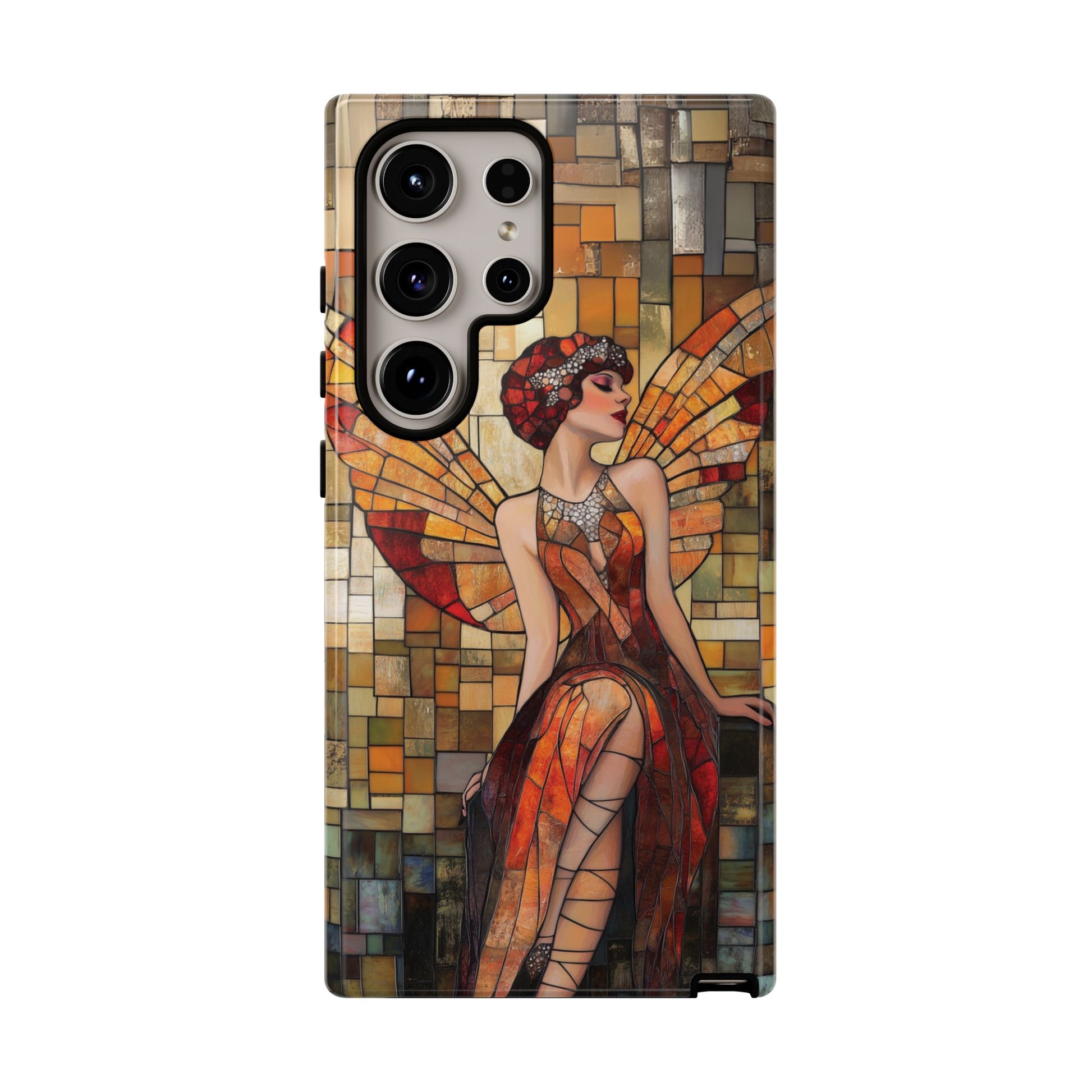 Phone Case Art Deco Flapper Fairy Woman Mosaic Stained 1920s Art Nouveau Design in Red Yellow Orange Alphonse Mucha Gatsby Style Poster