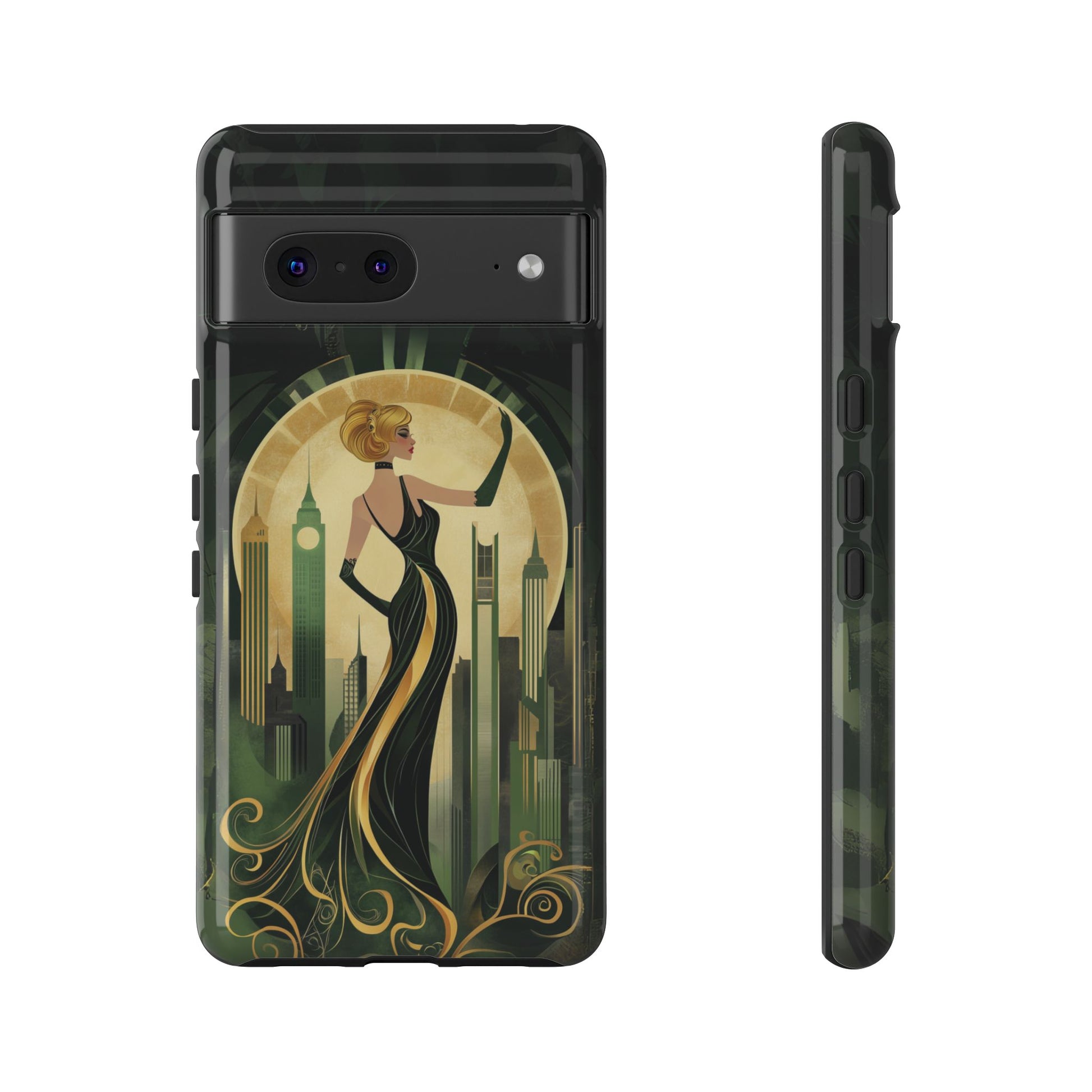 Emerald City Art Deco Flapper Woman Phone Case 1920s Art Nouveau Design in Emerald & Gold Alphonse Mucha Style Gatsby Style Poster