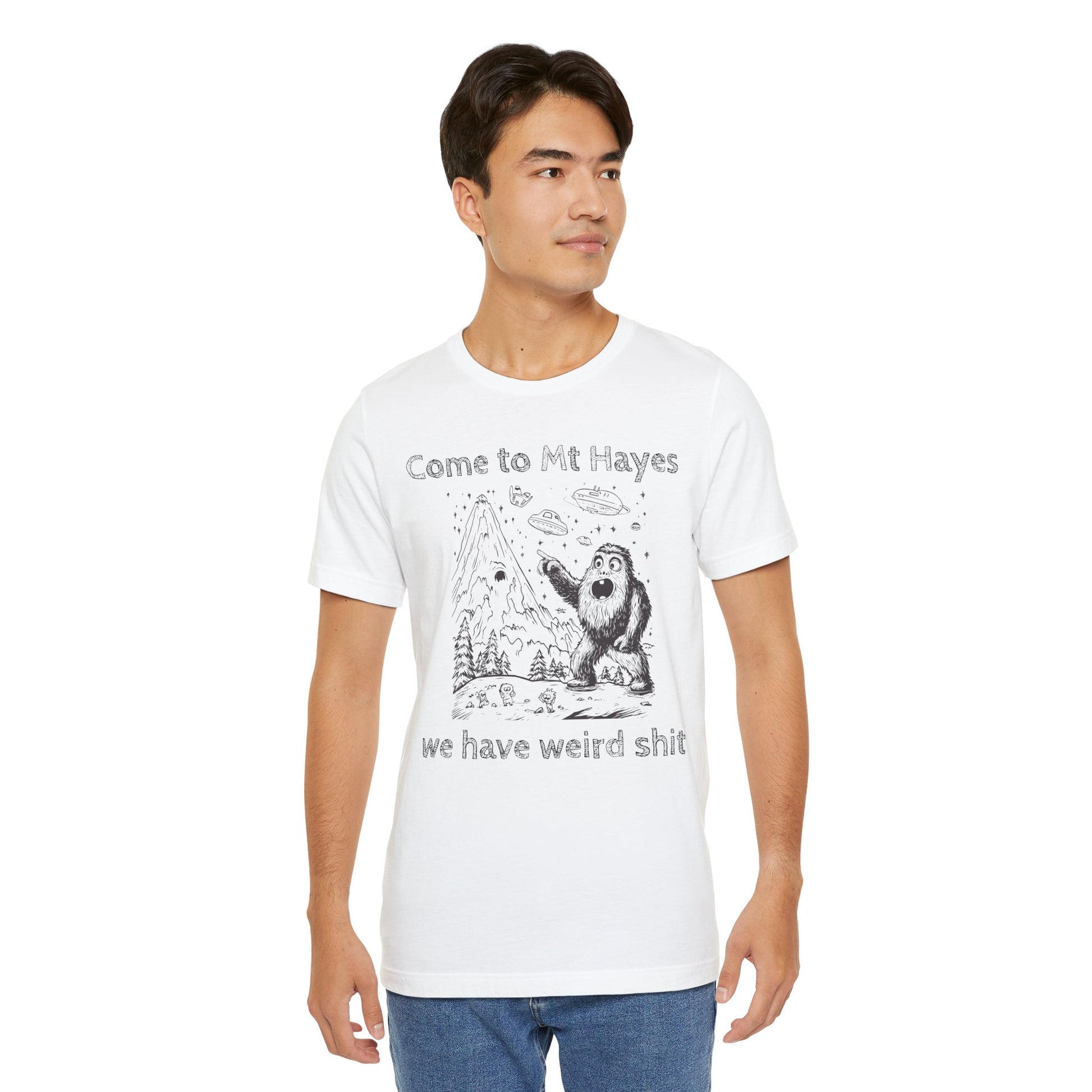 Alien Conspiracy Unisex Tee, Bigfoot Mountain Sketch Shirt, UFO Weird Stuff Tshirt, California Men's Top, Space Extraterrestrial Shirt