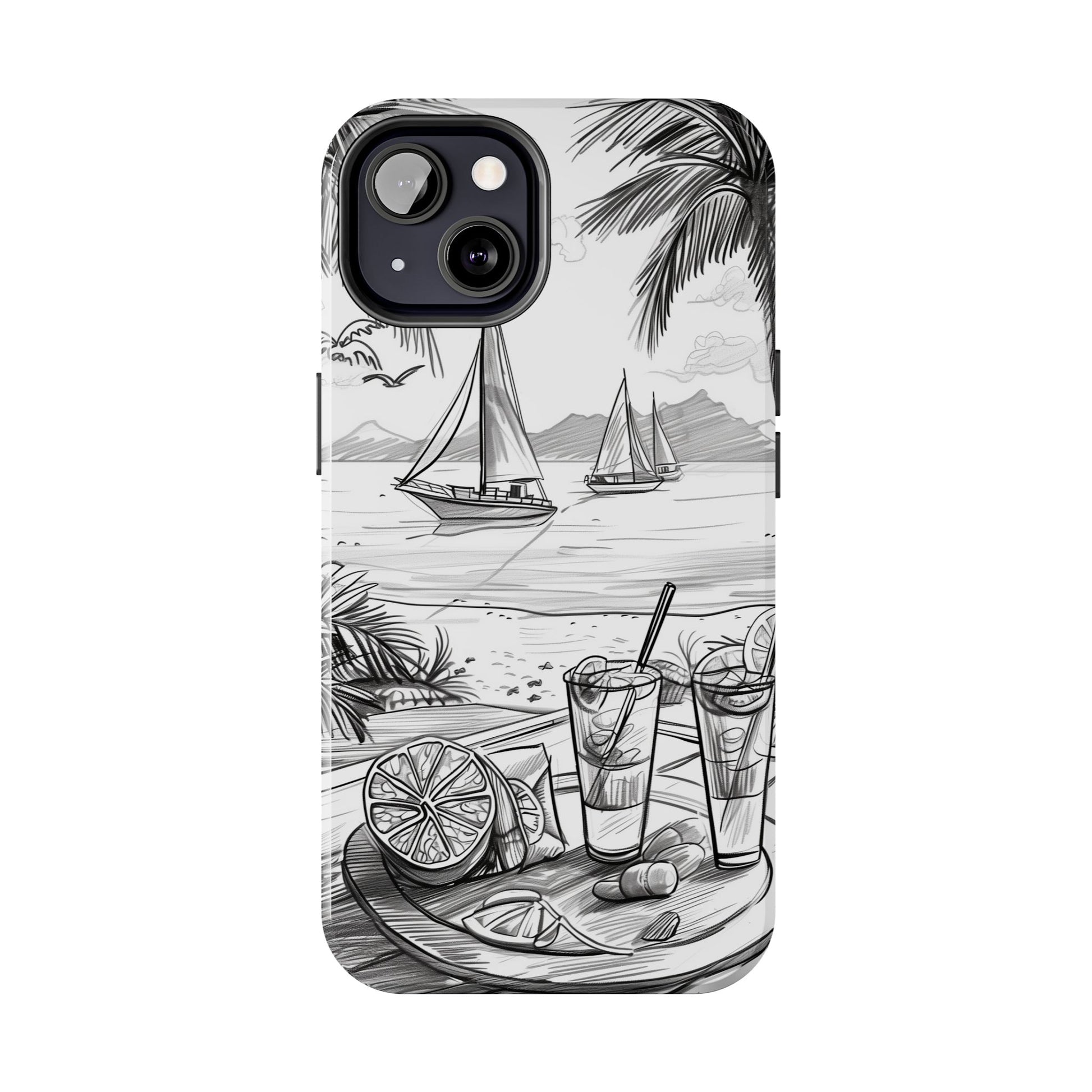 Beach Vibes Phone Case: Hand-Drawn Tiki Drinks & Tropical Paradise Design
